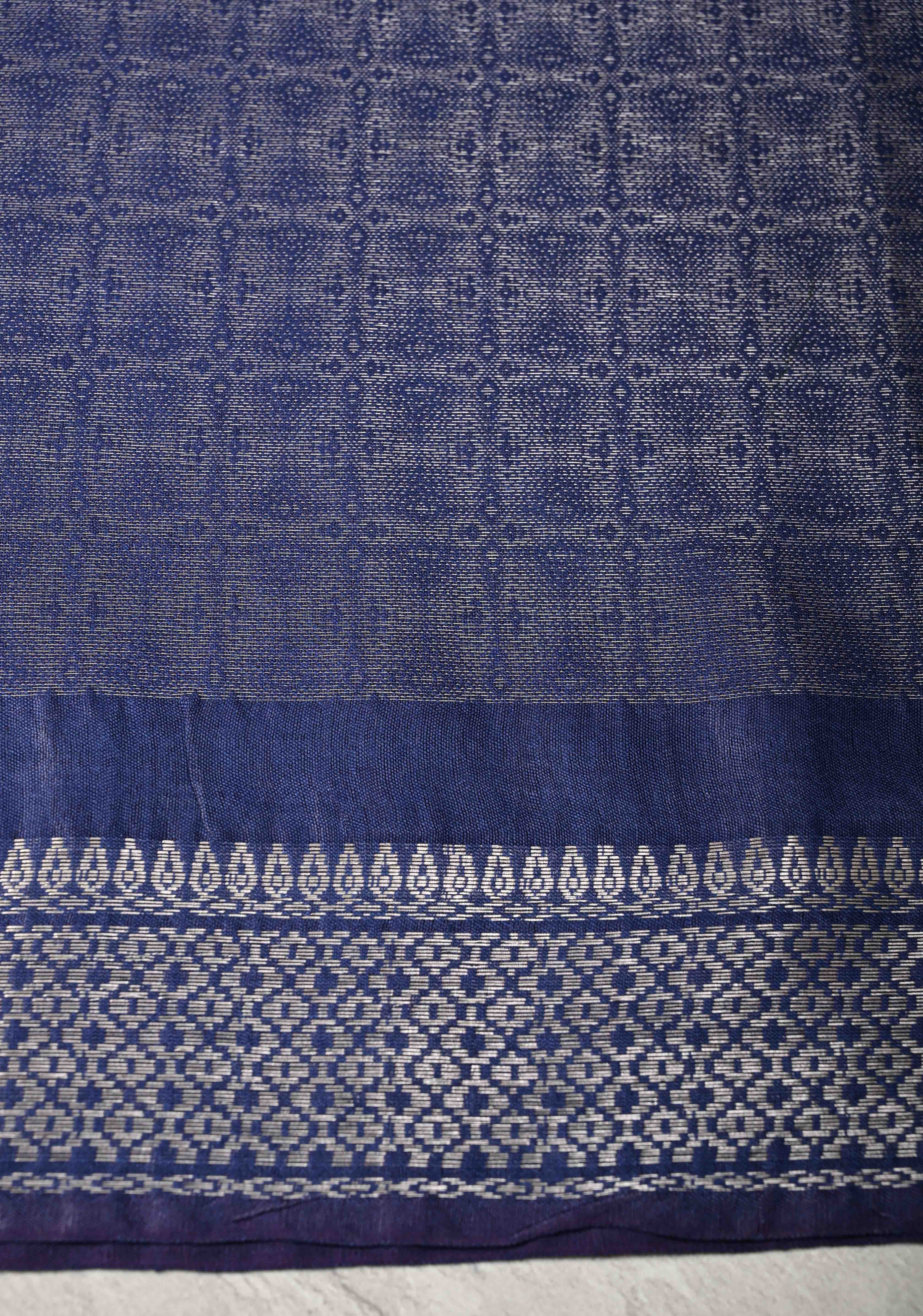 Navy Blue Semi Tussar Silver Tissue Saree with Zari Border | Shobitam