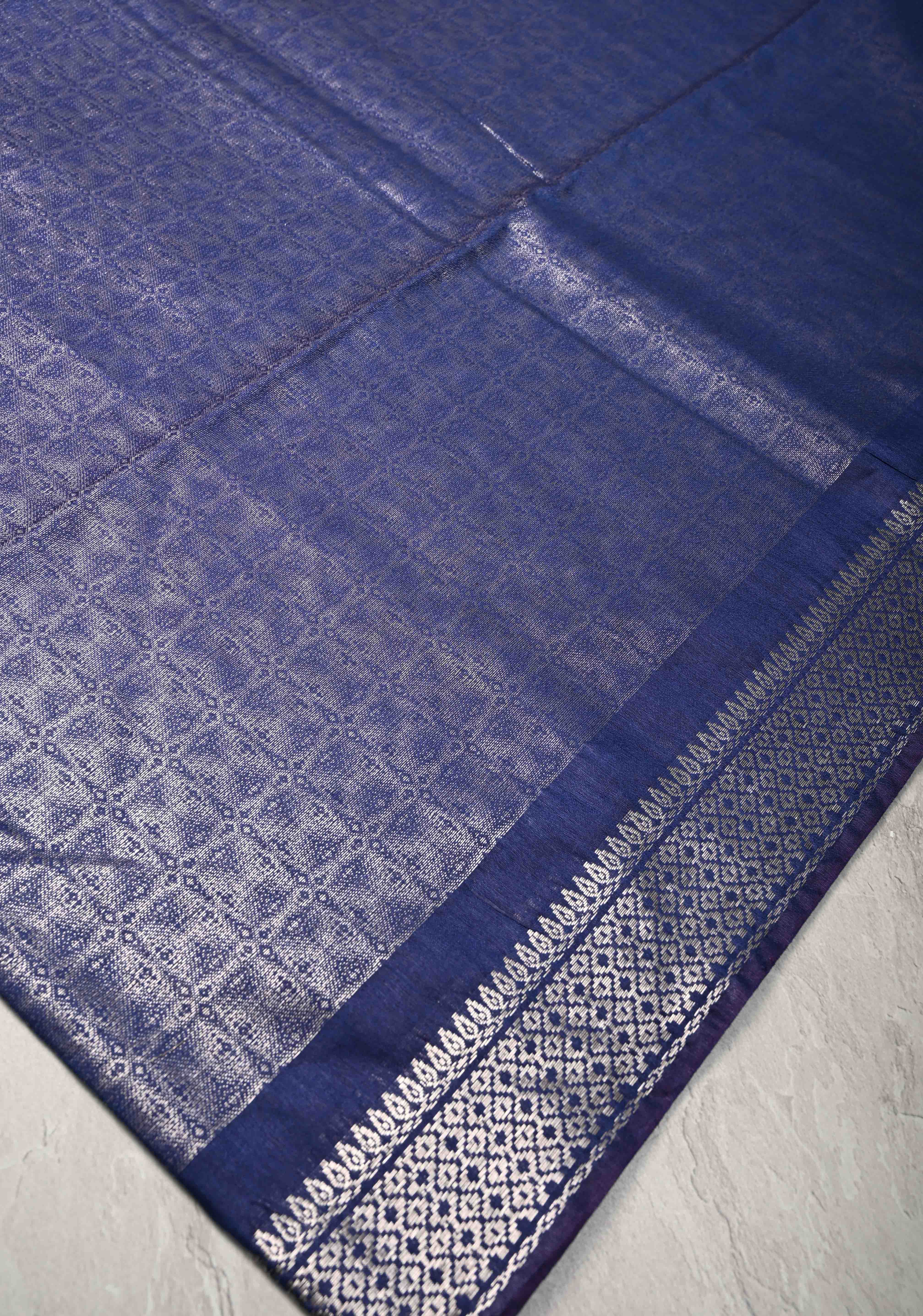 Navy Blue Semi Tussar Silver Tissue Saree with Zari Border | Shobitam