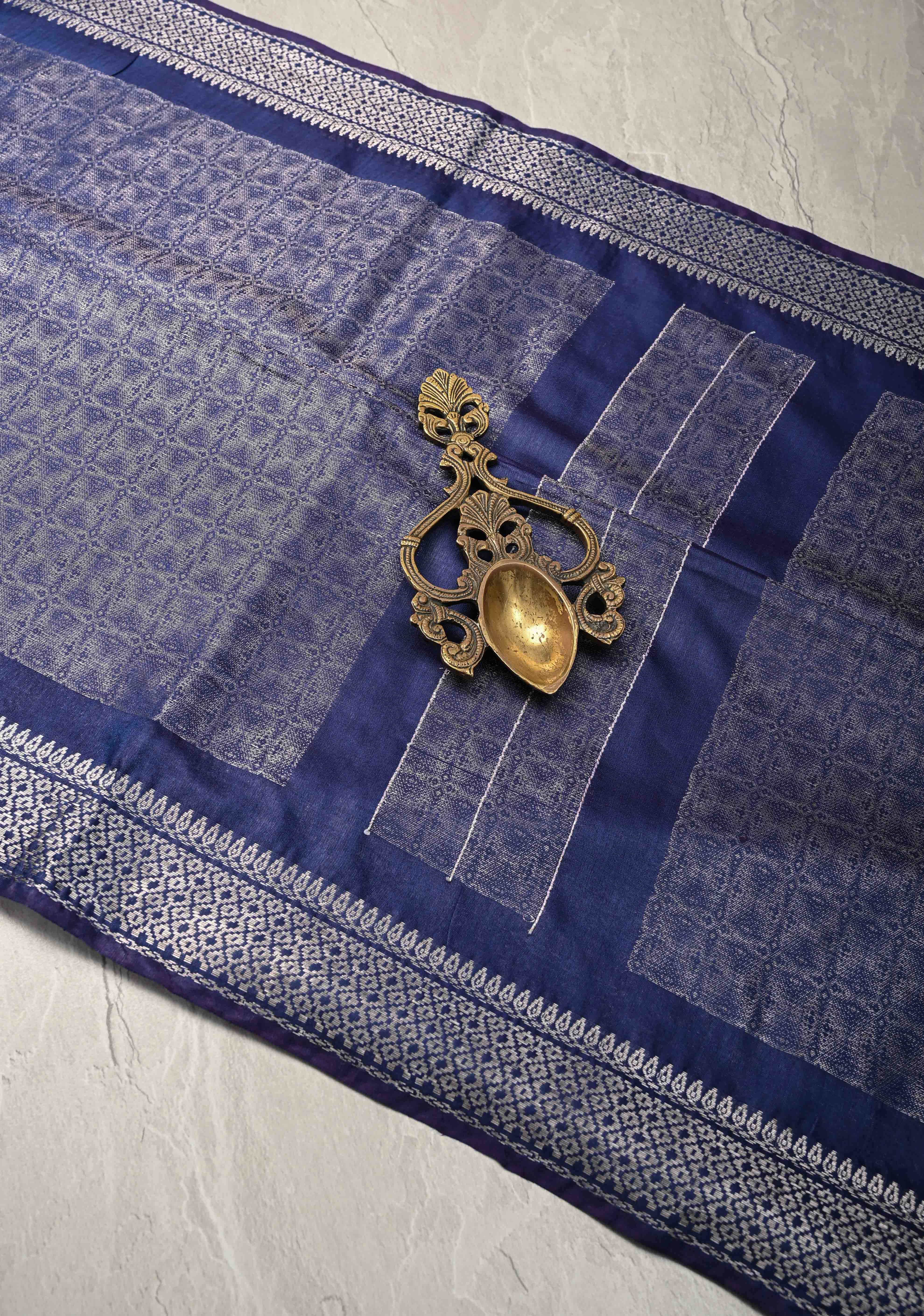 Navy Blue Semi Tussar Silver Tissue Saree with Zari Border | Shobitam