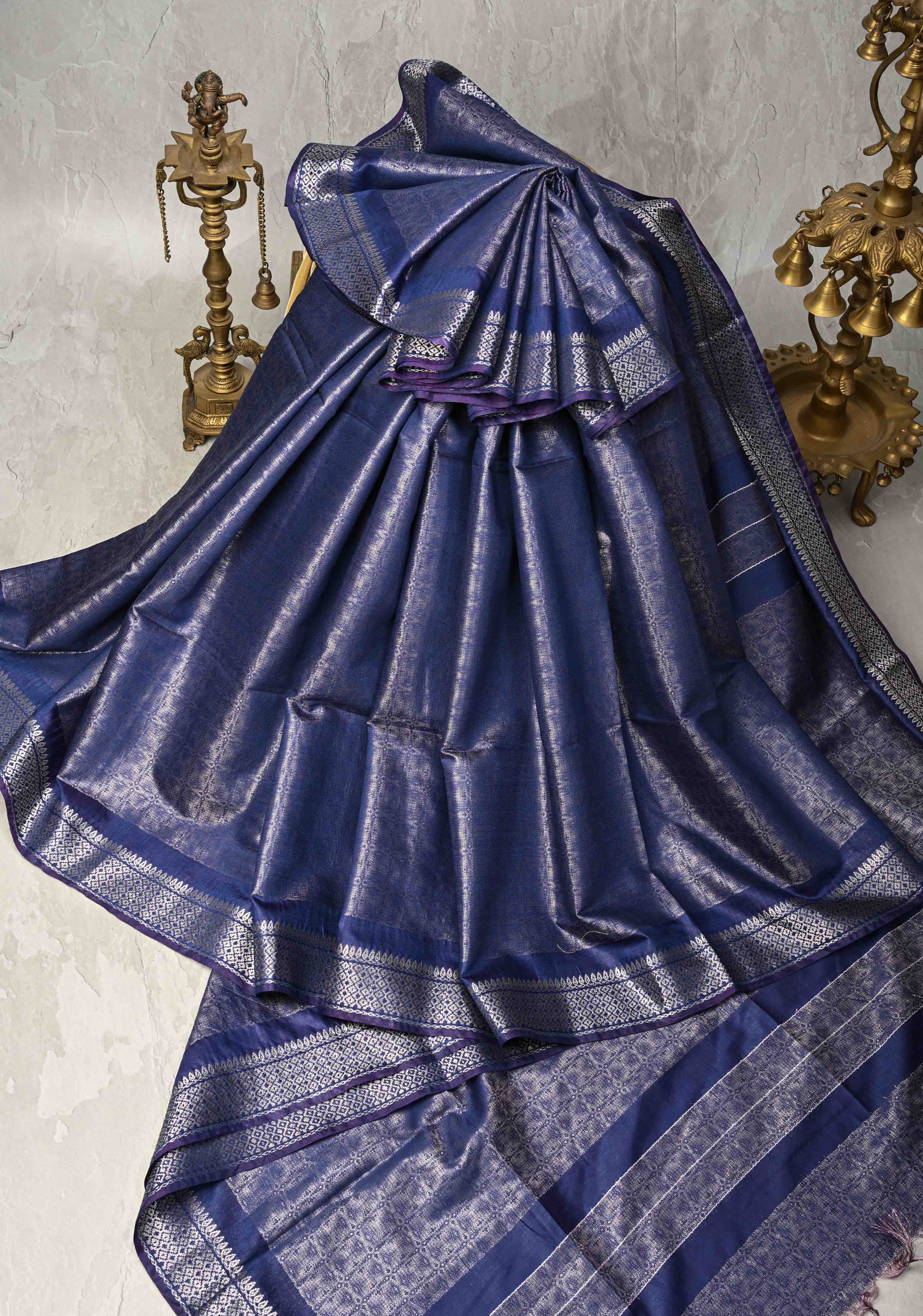 Navy Blue Semi Tussar Silver Tissue Saree with Zari Border | Shobitam