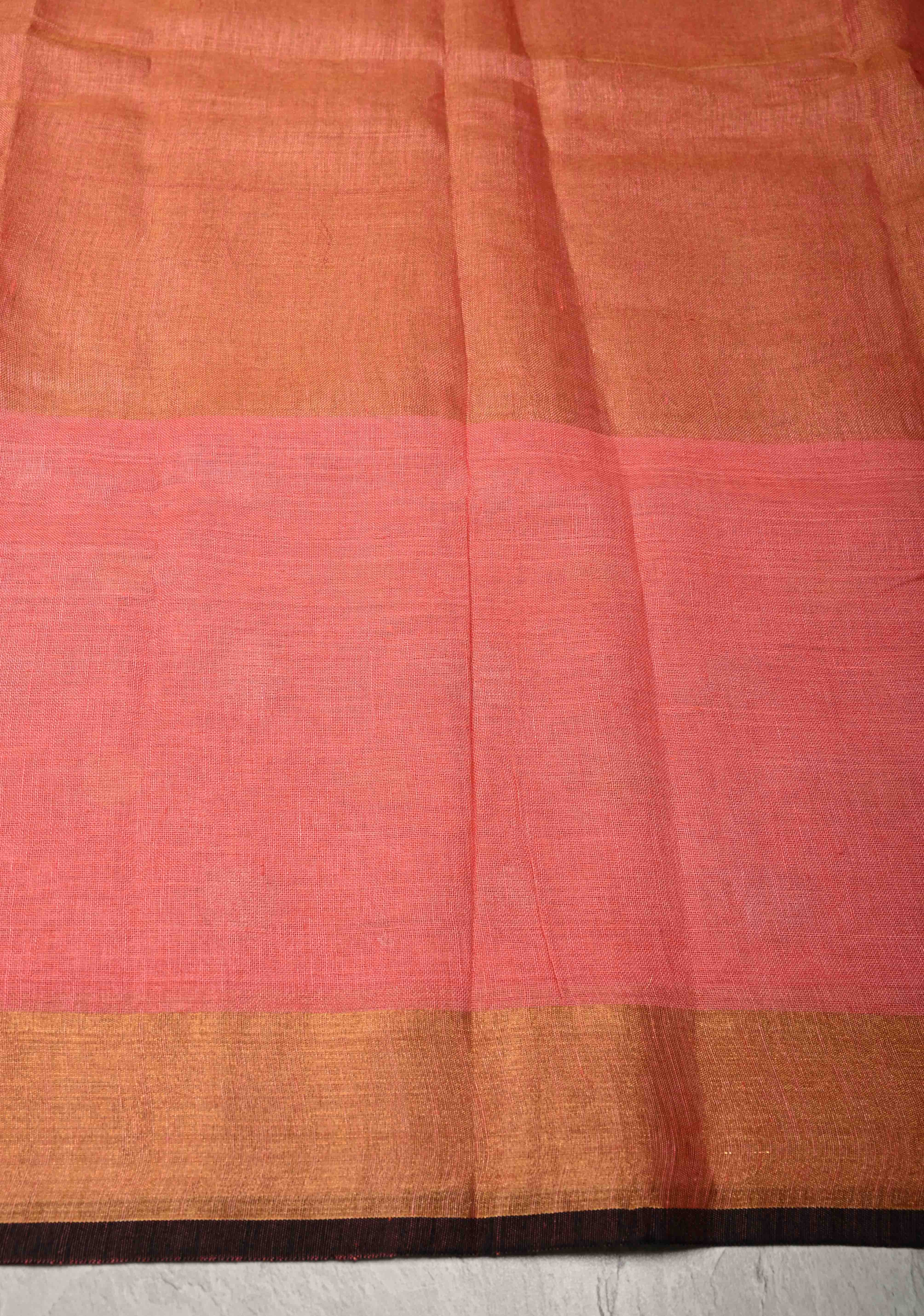 Salmon Pink Tissue Body Linen Saree in Muted Antique Gold with Sona Rupa Polka Dots Skirt Border | Shobitam