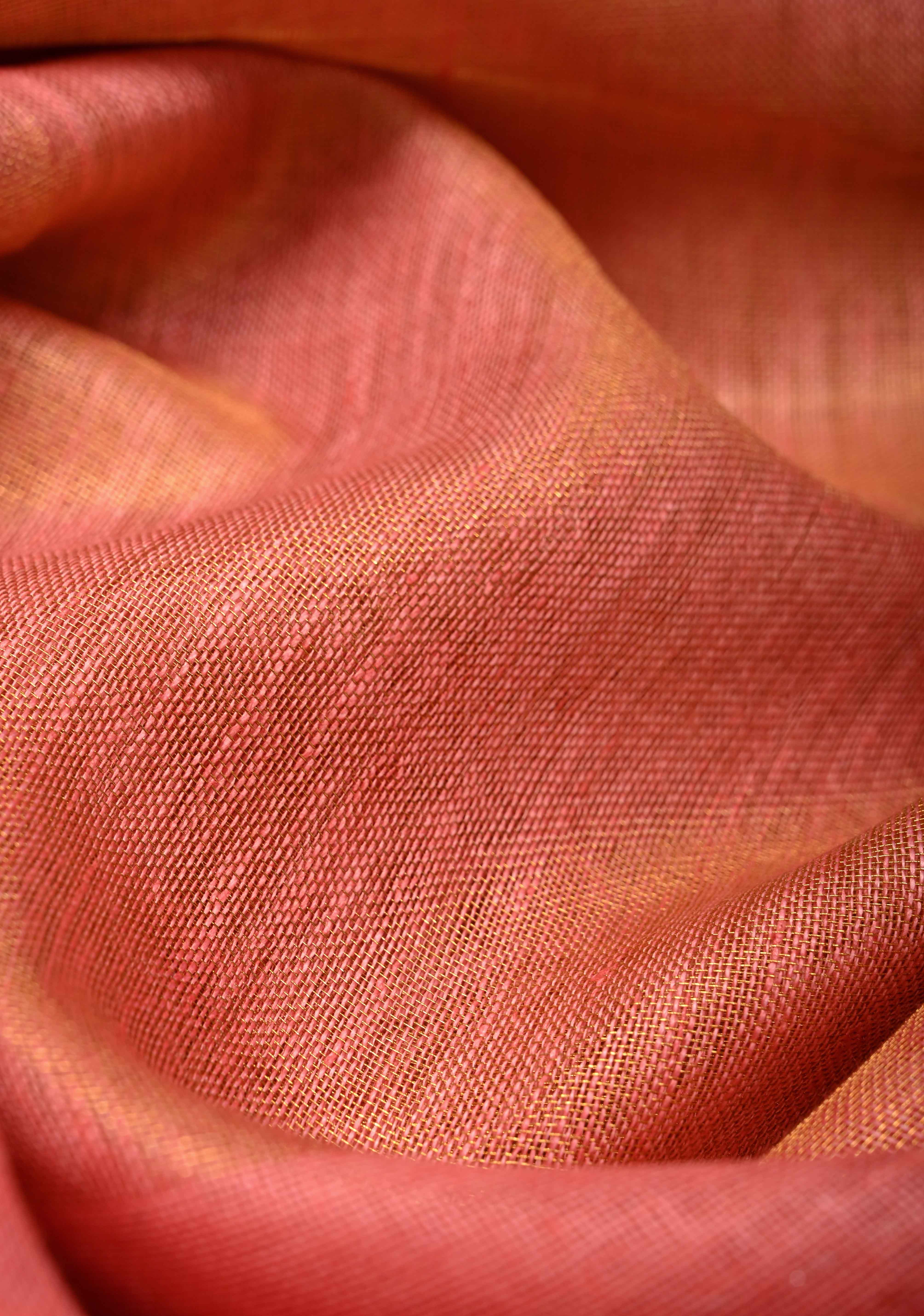 Salmon Pink Tissue Body Linen Saree in Muted Antique Gold with Sona Rupa Polka Dots Skirt Border | Shobitam