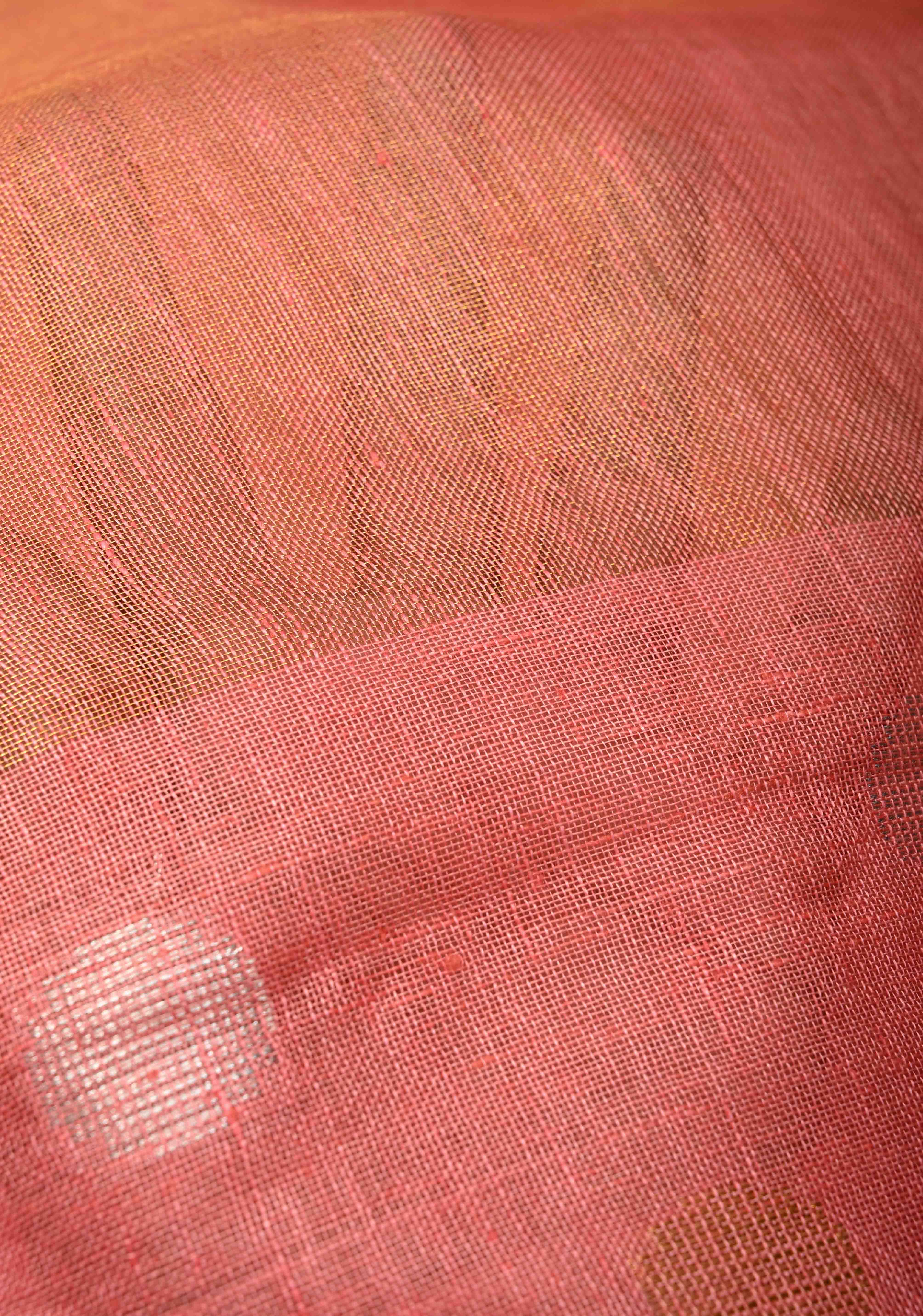 Salmon Pink Tissue Body Linen Saree in Muted Antique Gold with Sona Rupa Polka Dots Skirt Border | Shobitam