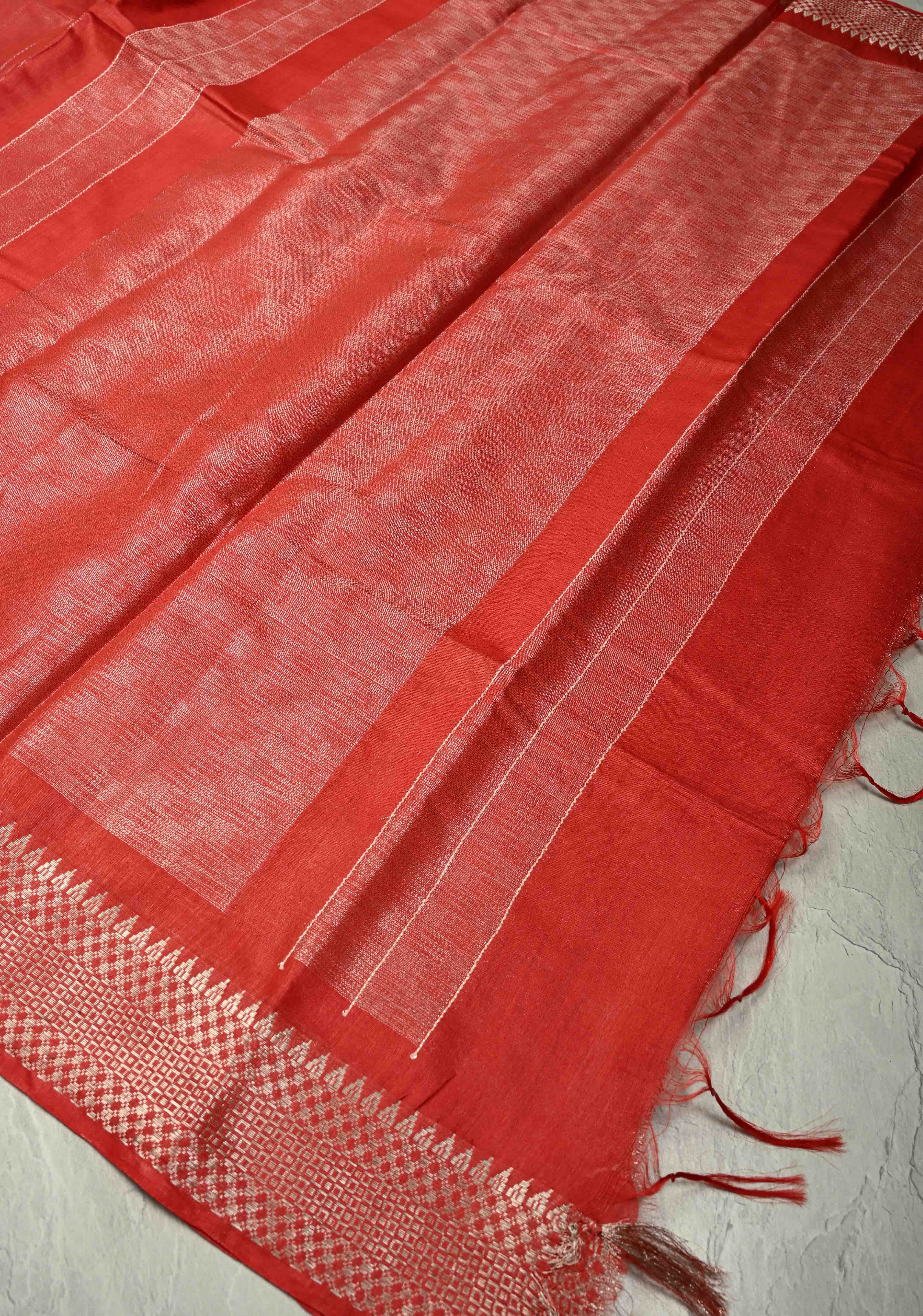 Red Semi Tussar Tissue Saree with Temple Silver Zari Border | Shobitam