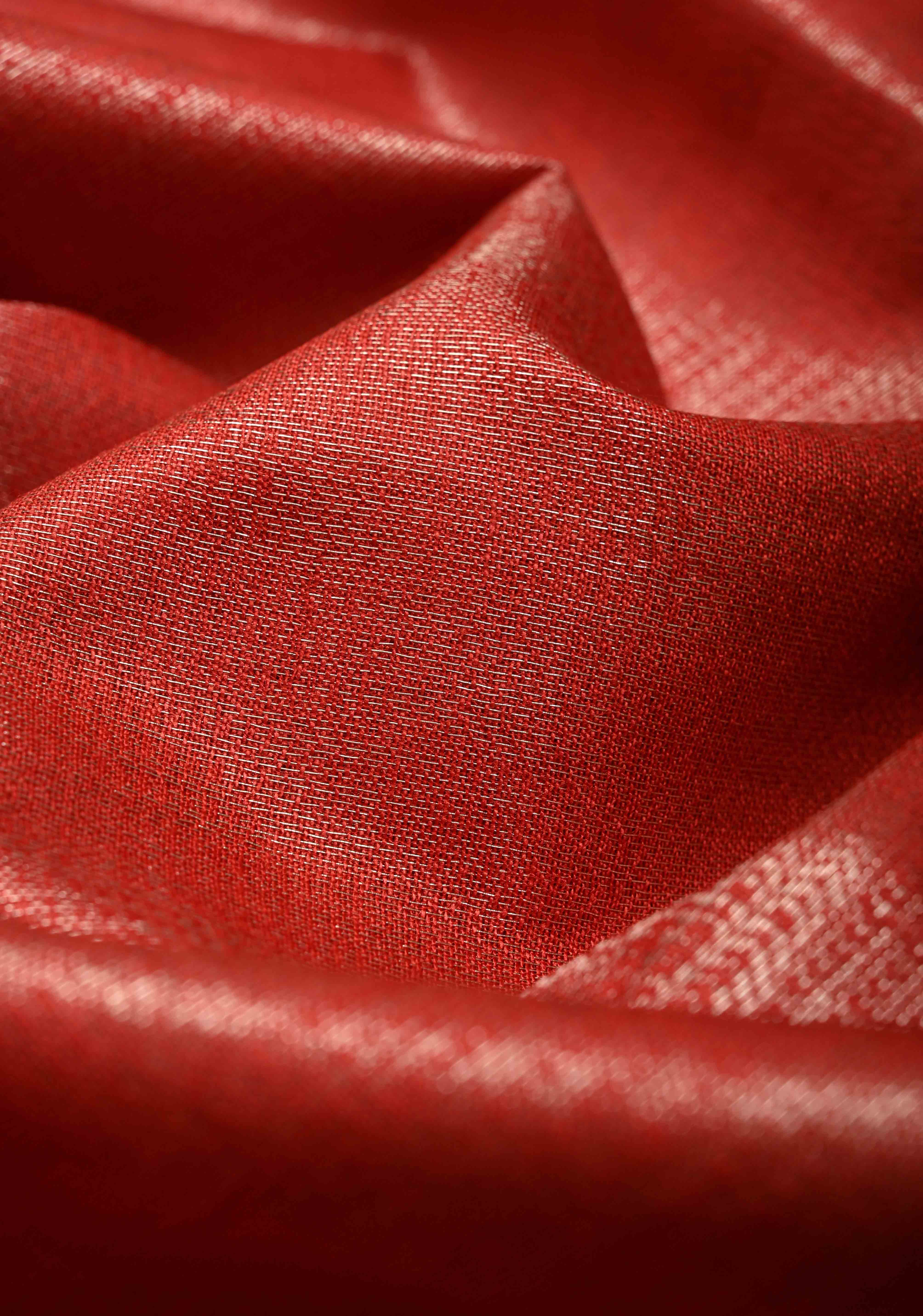 Red Semi Tussar Tissue Saree with Temple Silver Zari Border | Shobitam