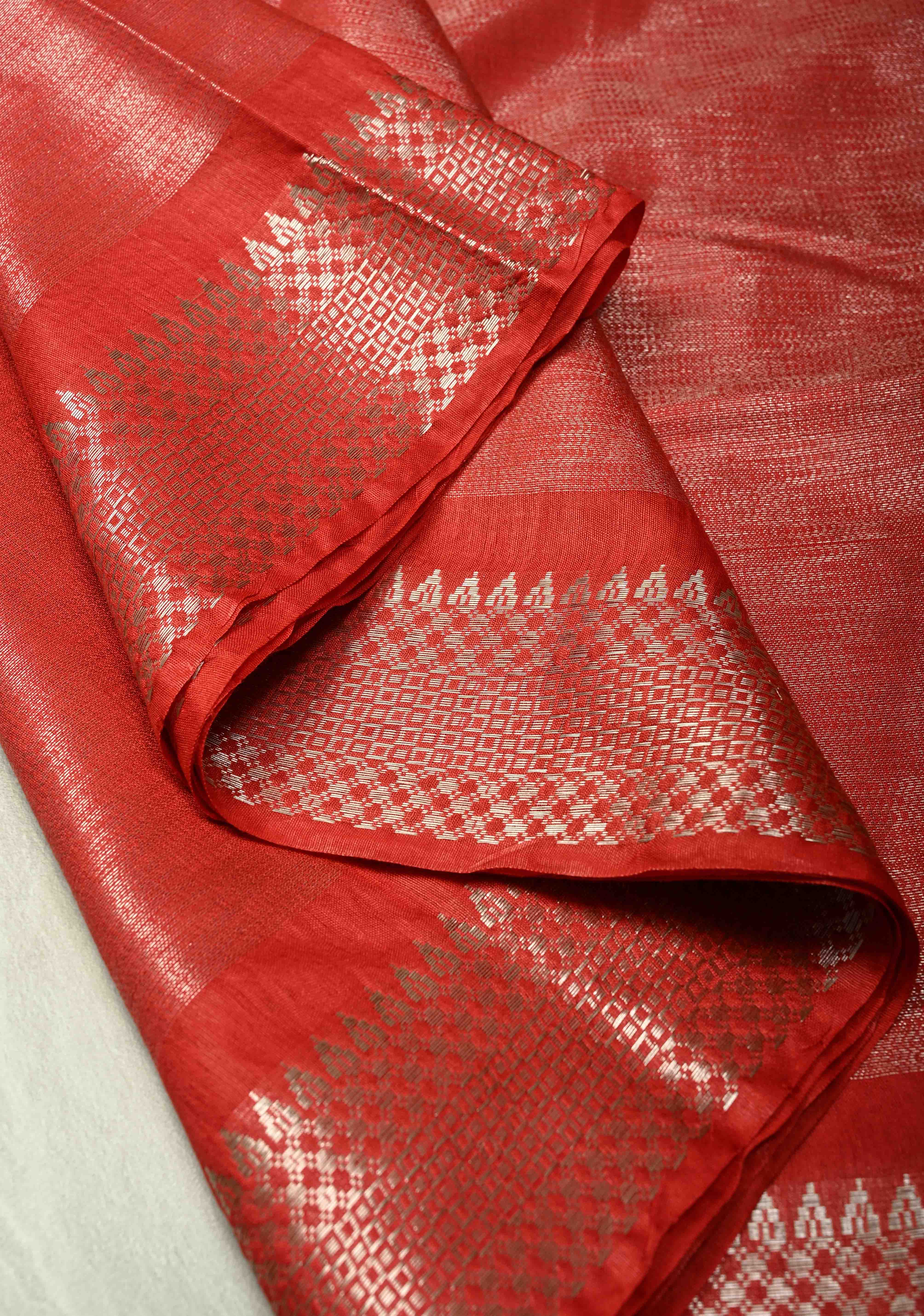 Red Semi Tussar Tissue Saree with Temple Silver Zari Border | Shobitam