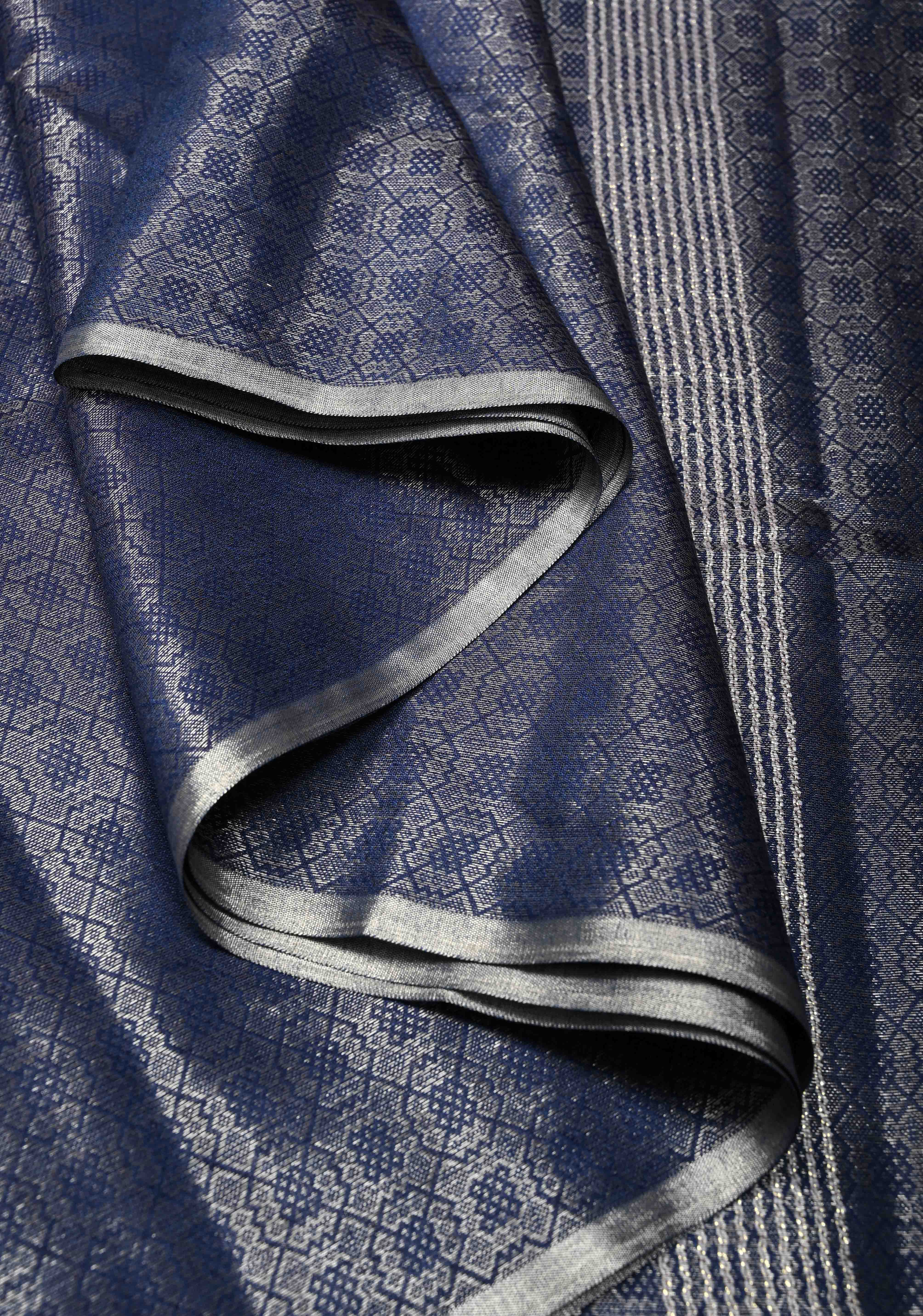 Royal Blue Semi Tussar Saree with Zari Brocade and Minimal Silver Zari Border | Shobitam
