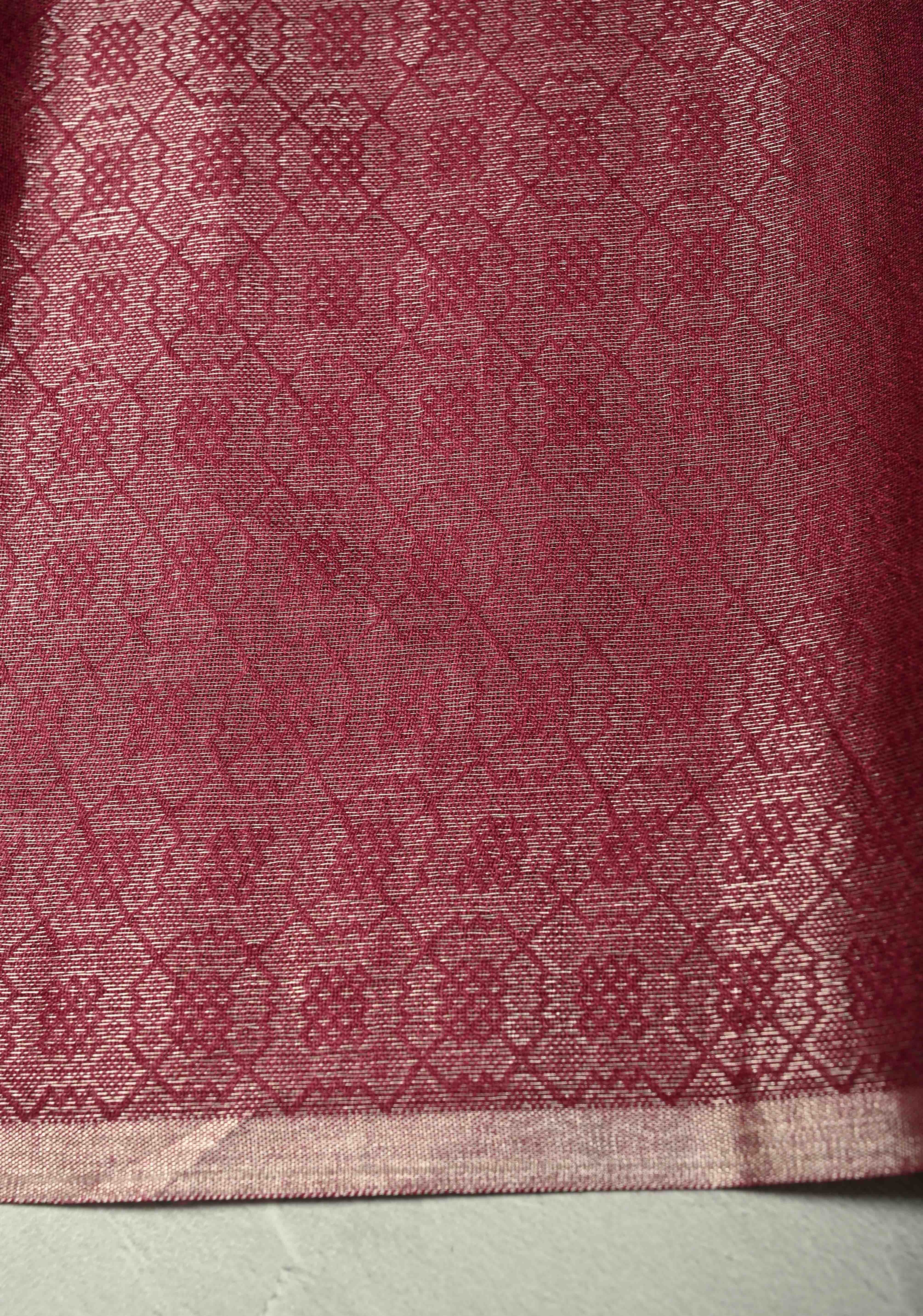 Dark Magenta Semi Tussar Saree with Zari Brocade and Minimal Silver Zari Border | Shobitam