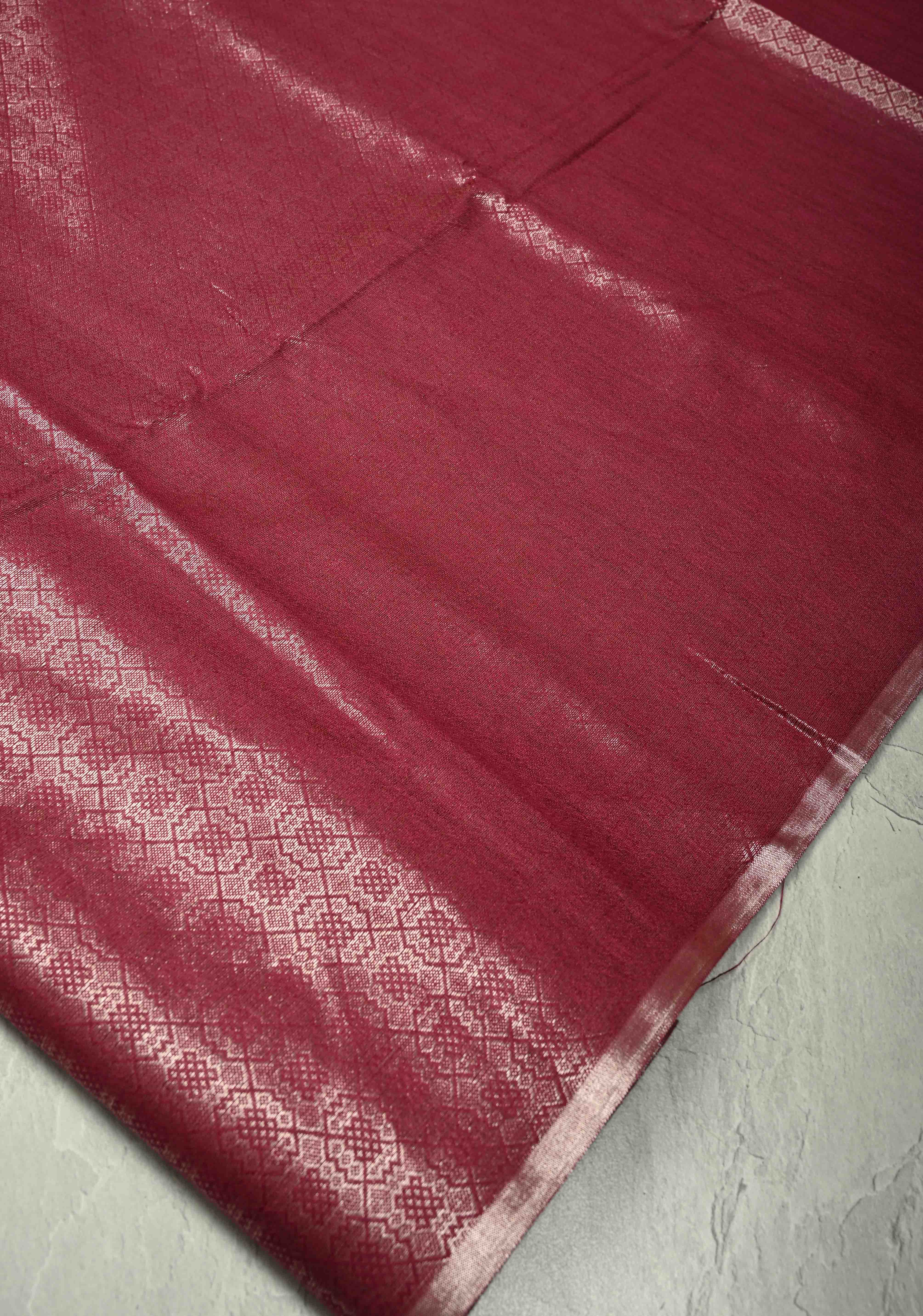 Dark Magenta Semi Tussar Saree with Zari Brocade and Minimal Silver Zari Border | Shobitam