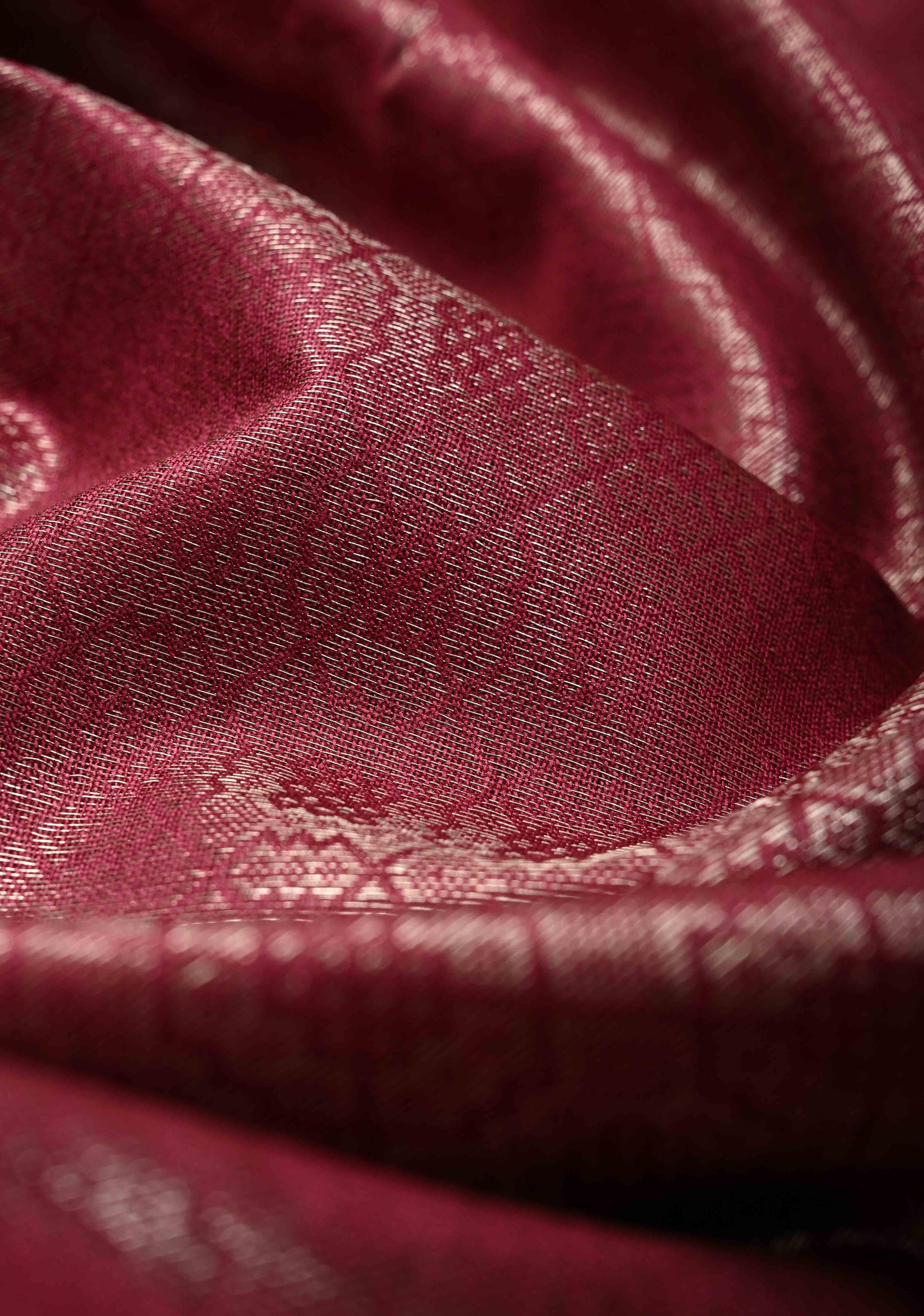 Dark Magenta Semi Tussar Saree with Zari Brocade and Minimal Silver Zari Border | Shobitam