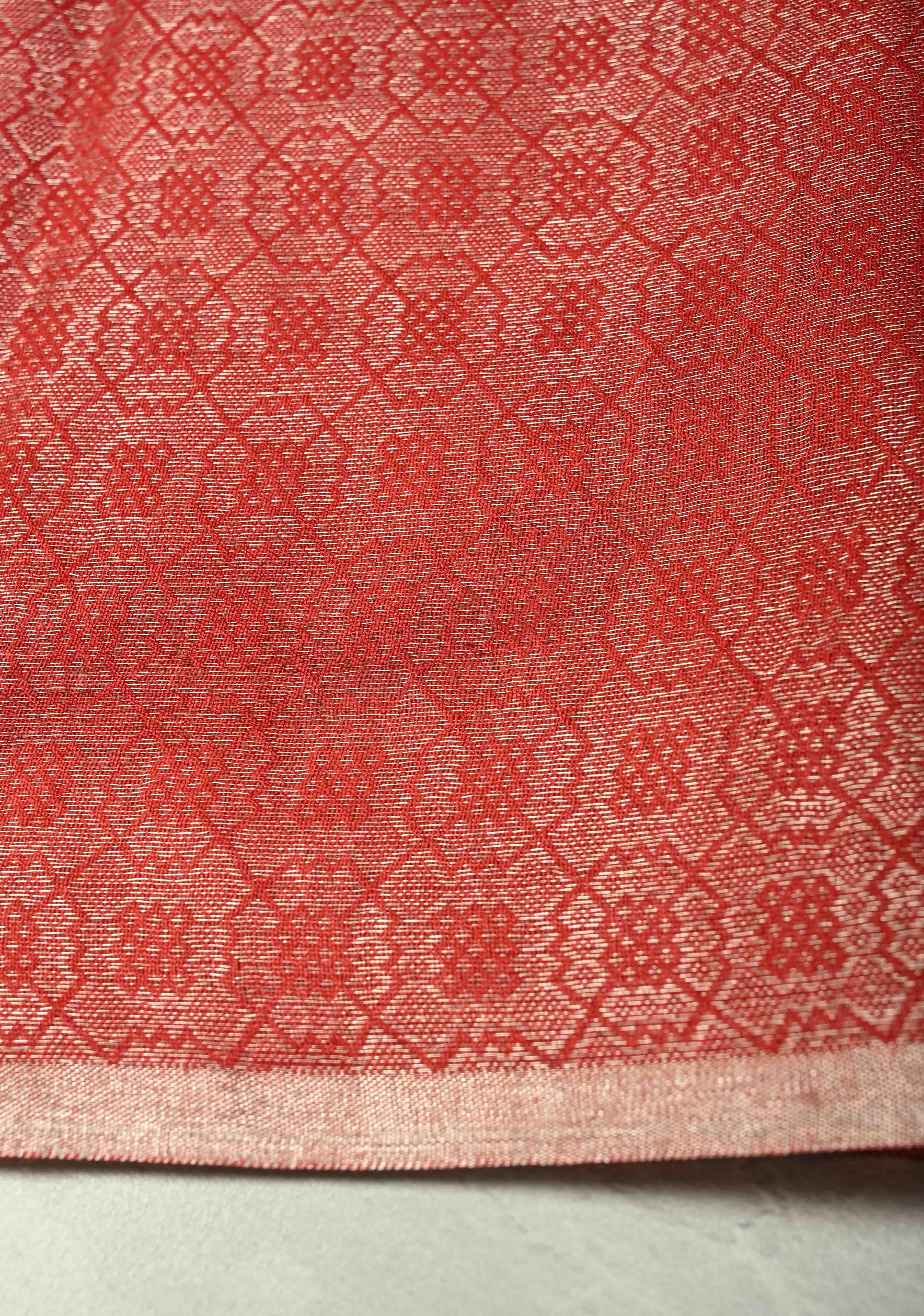 Scarlet Red Semi Tussar Saree with Zari Brocade and Minimal Silver Zari Border | Shobitam
