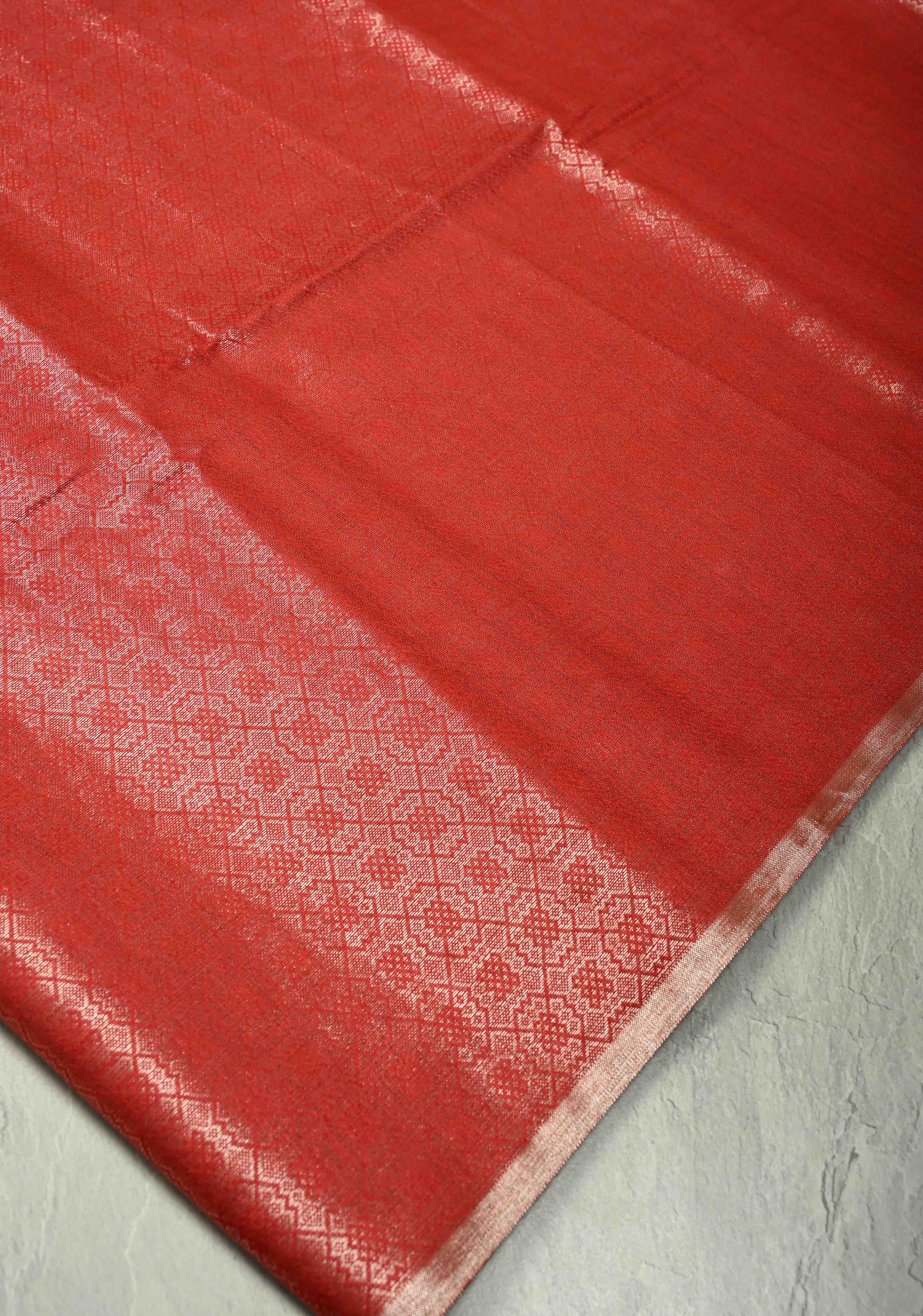 Scarlet Red Semi Tussar Saree with Zari Brocade and Minimal Silver Zari Border | Shobitam
