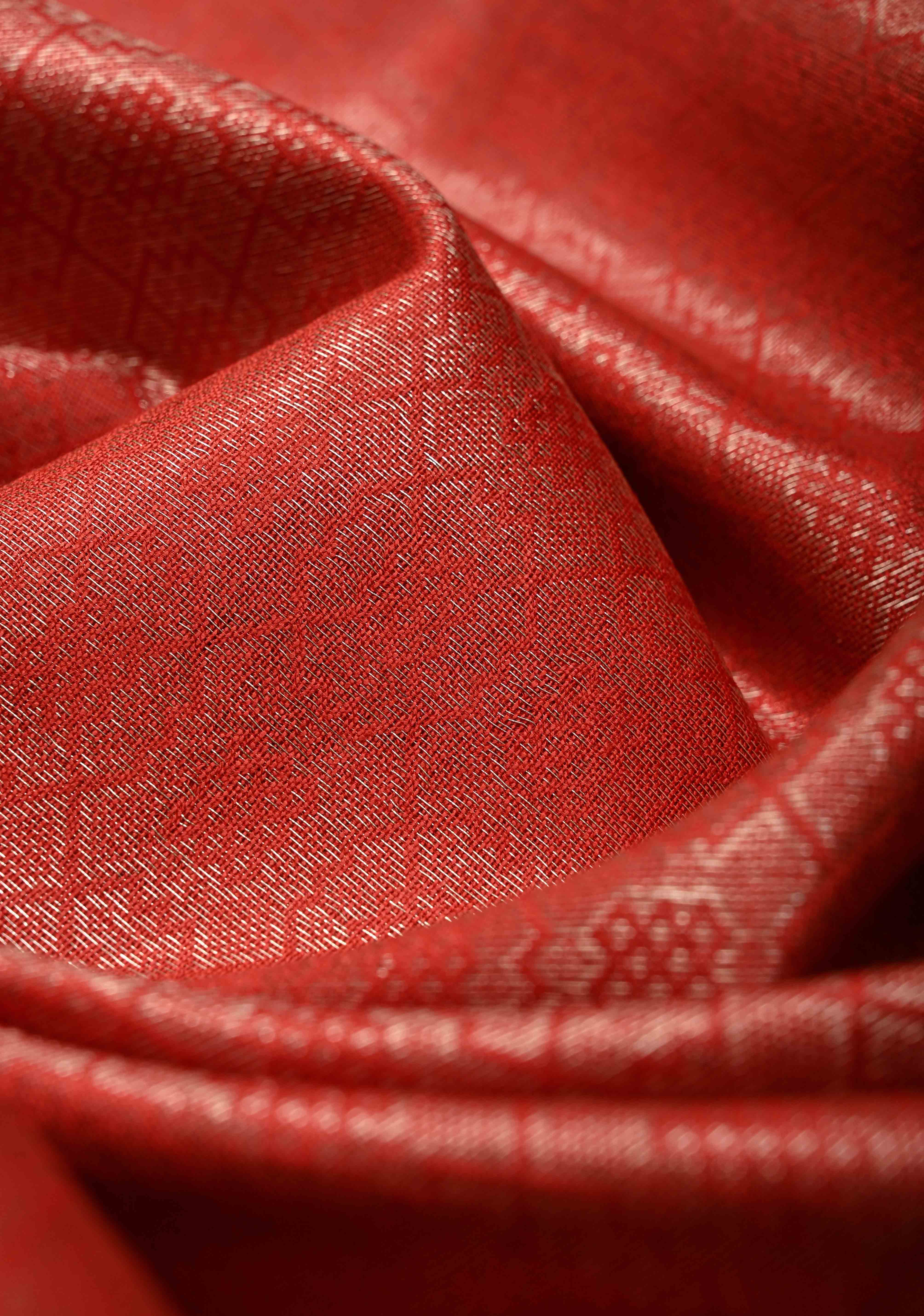 Scarlet Red Semi Tussar Saree with Zari Brocade and Minimal Silver Zari Border | Shobitam