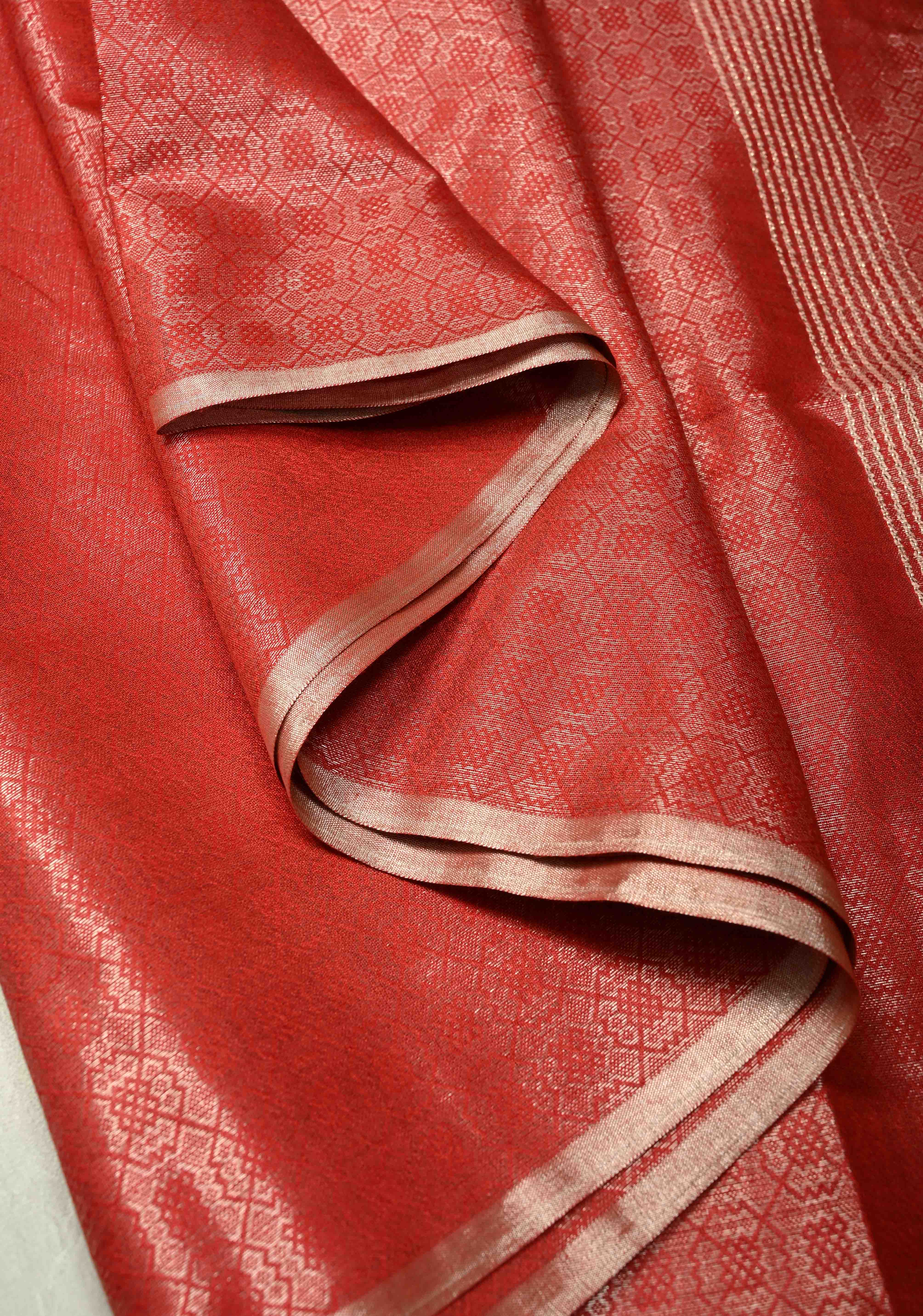 Scarlet Red Semi Tussar Saree with Zari Brocade and Minimal Silver Zari Border | Shobitam