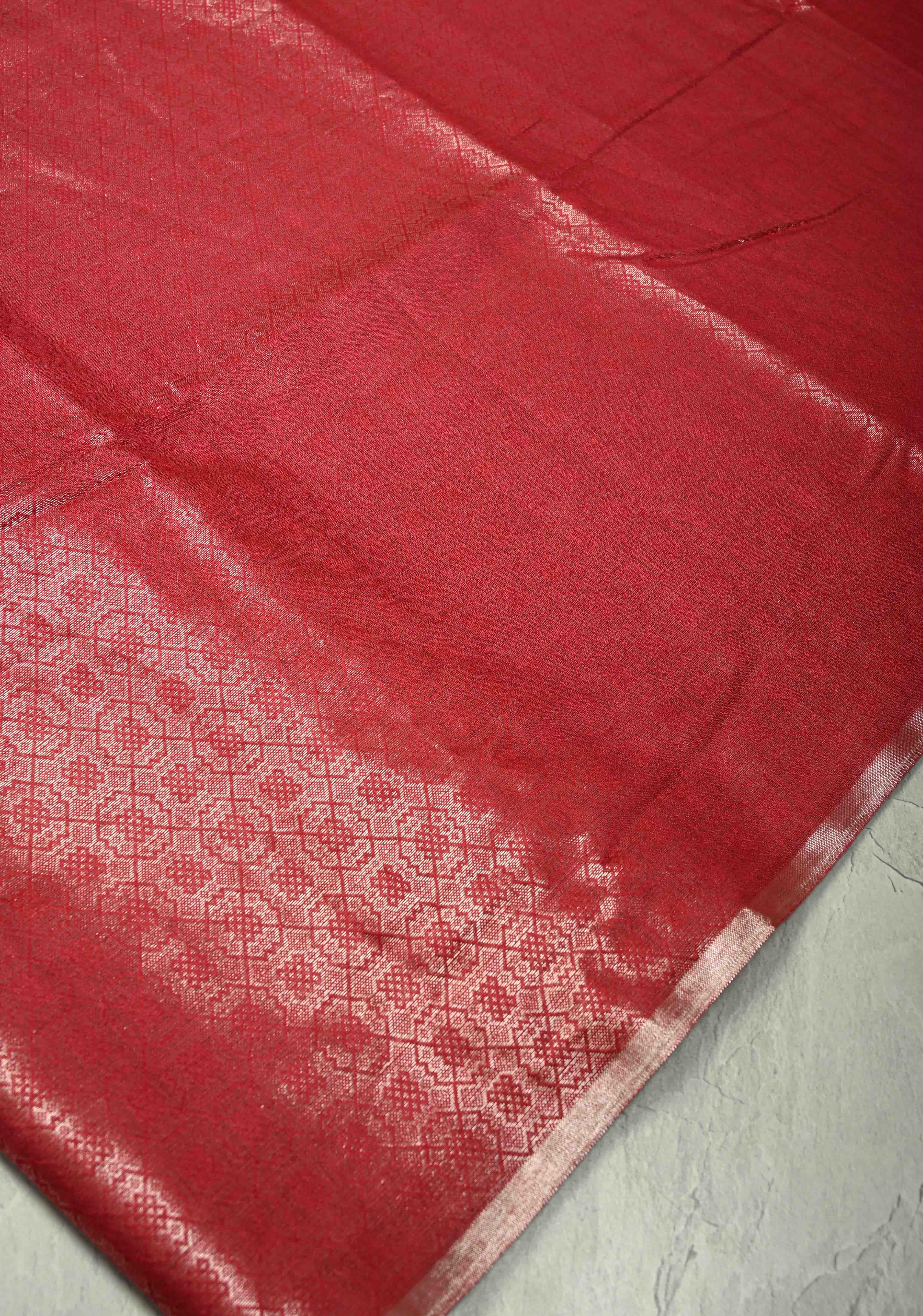 Red Semi Tussar Saree with Brocade and Minimal Silver Zari Border | Shobitam