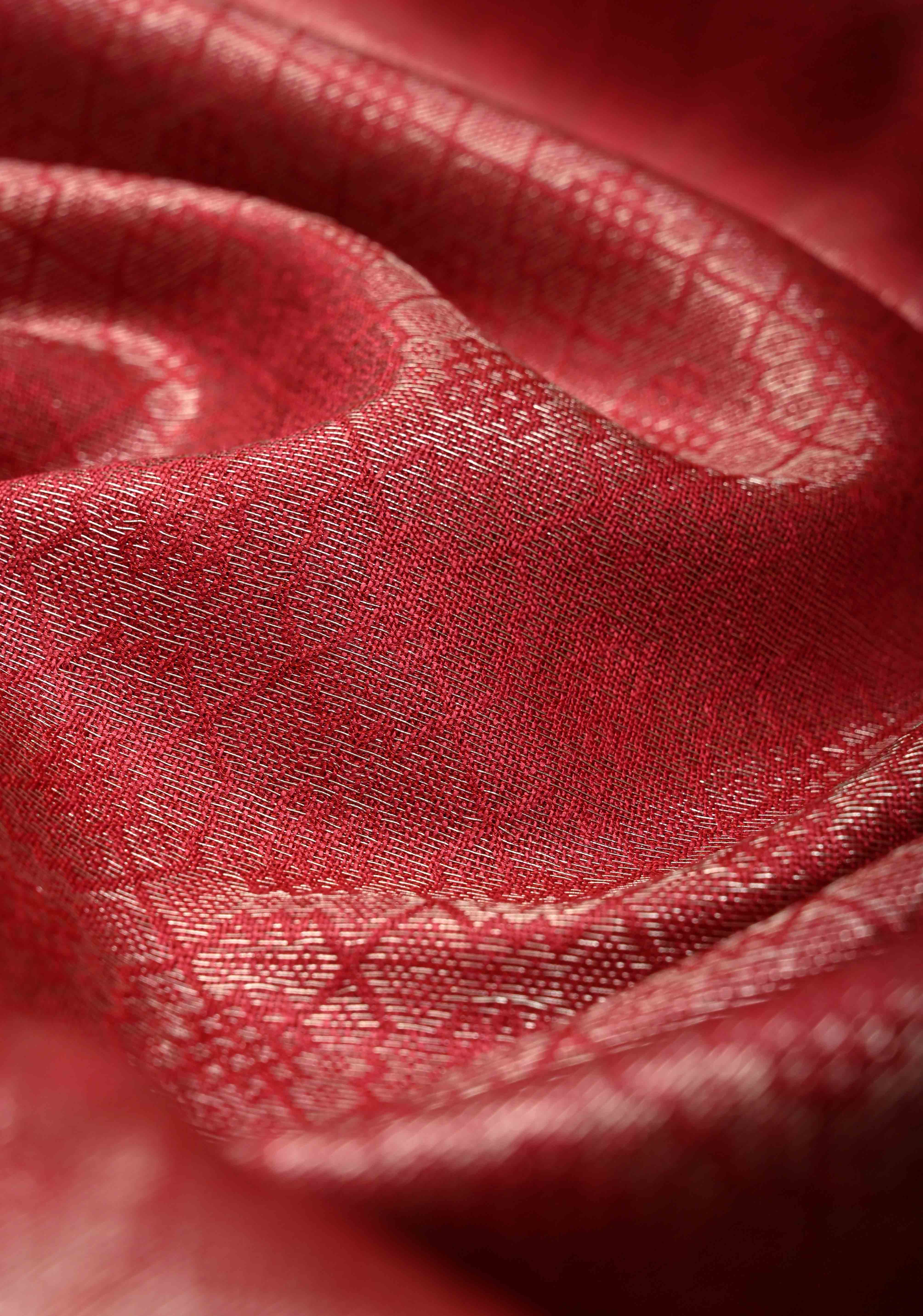Red Semi Tussar Saree with Brocade and Minimal Silver Zari Border | Shobitam