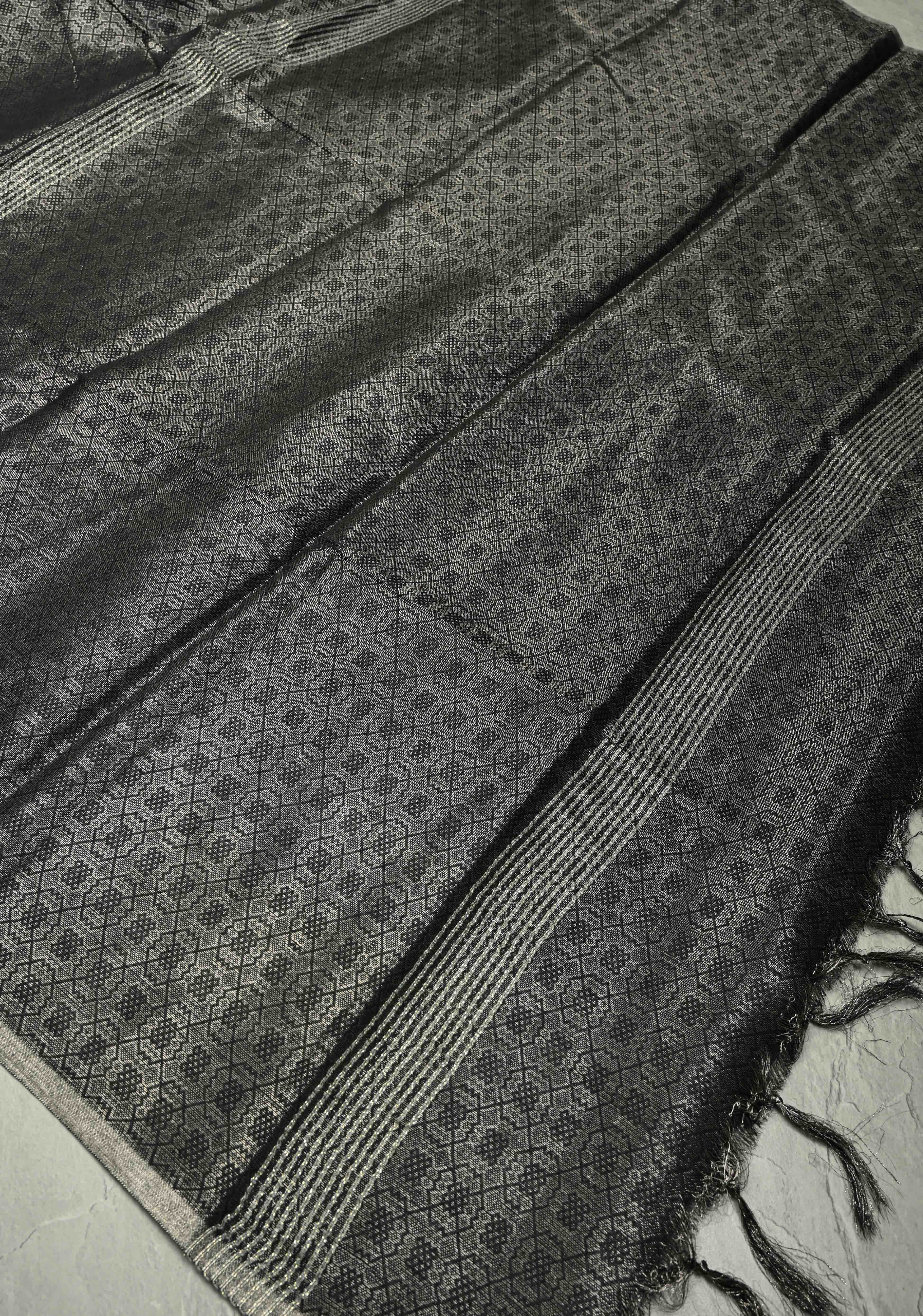Stunning Black Semi Tussar Saree with Zari Brocade and Minimal Silver Zari Border | Shobitam