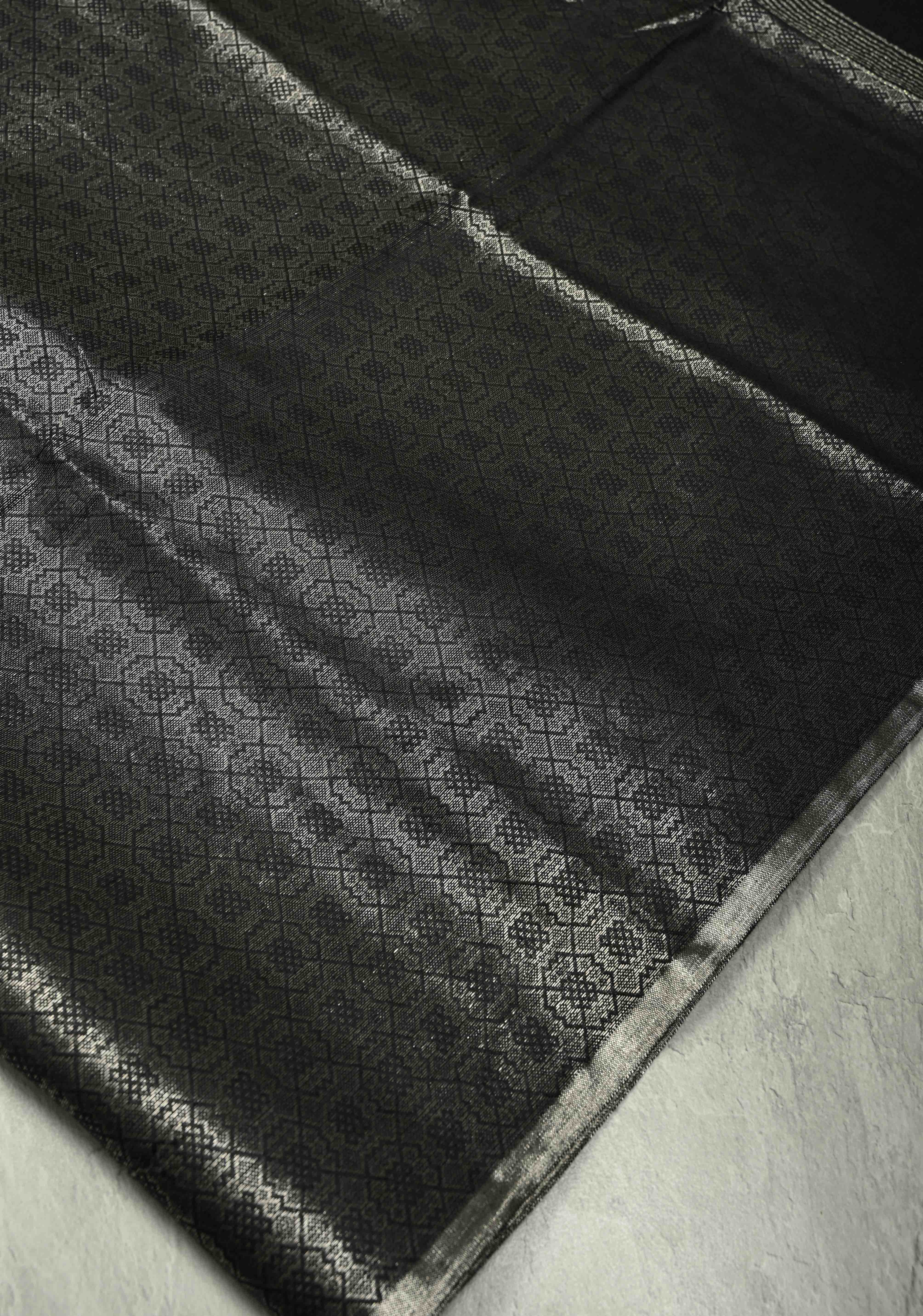 Stunning Black Semi Tussar Saree with Zari Brocade and Minimal Silver Zari Border | Shobitam