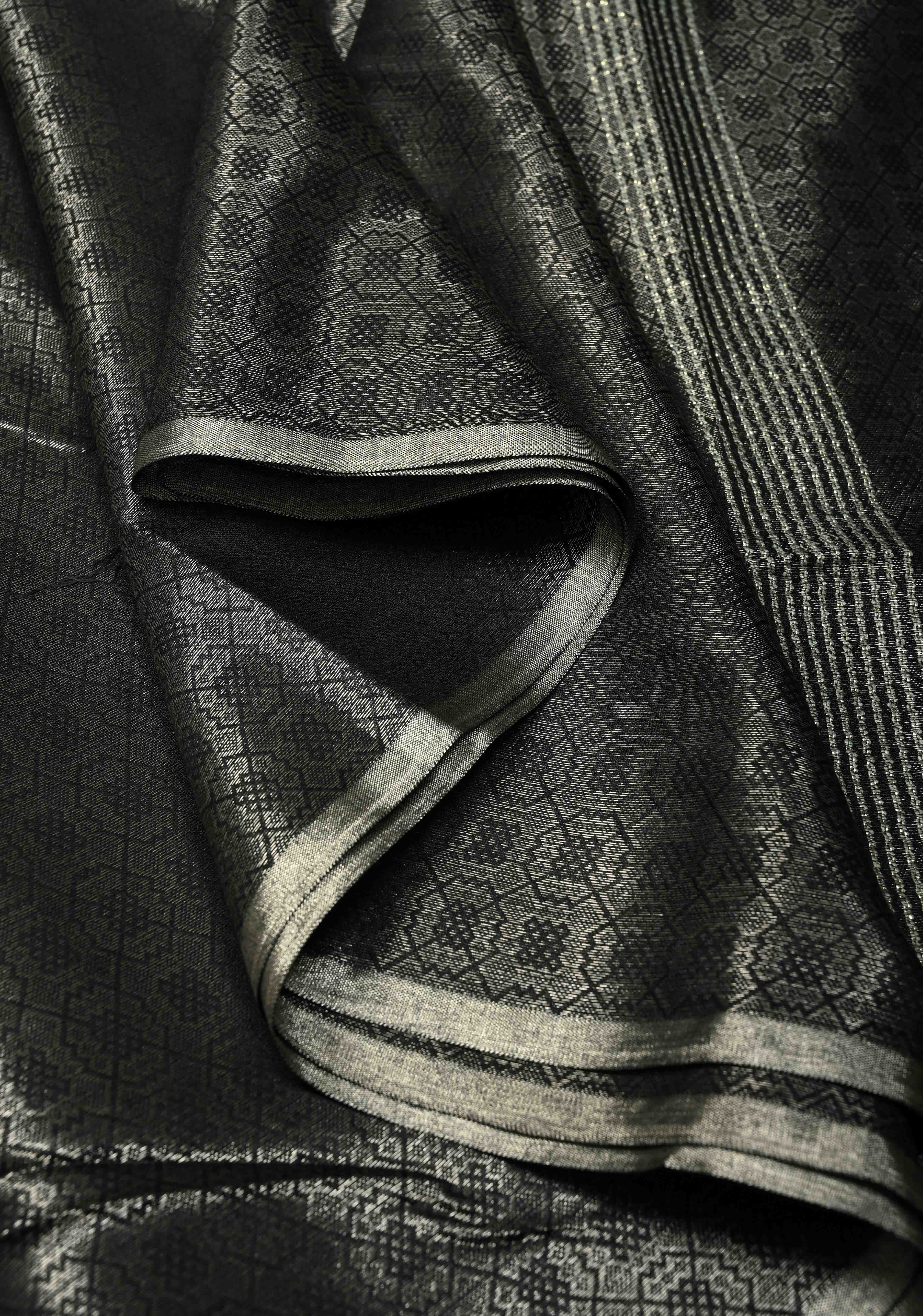 Stunning Black Semi Tussar Saree with Zari Brocade and Minimal Silver Zari Border | Shobitam
