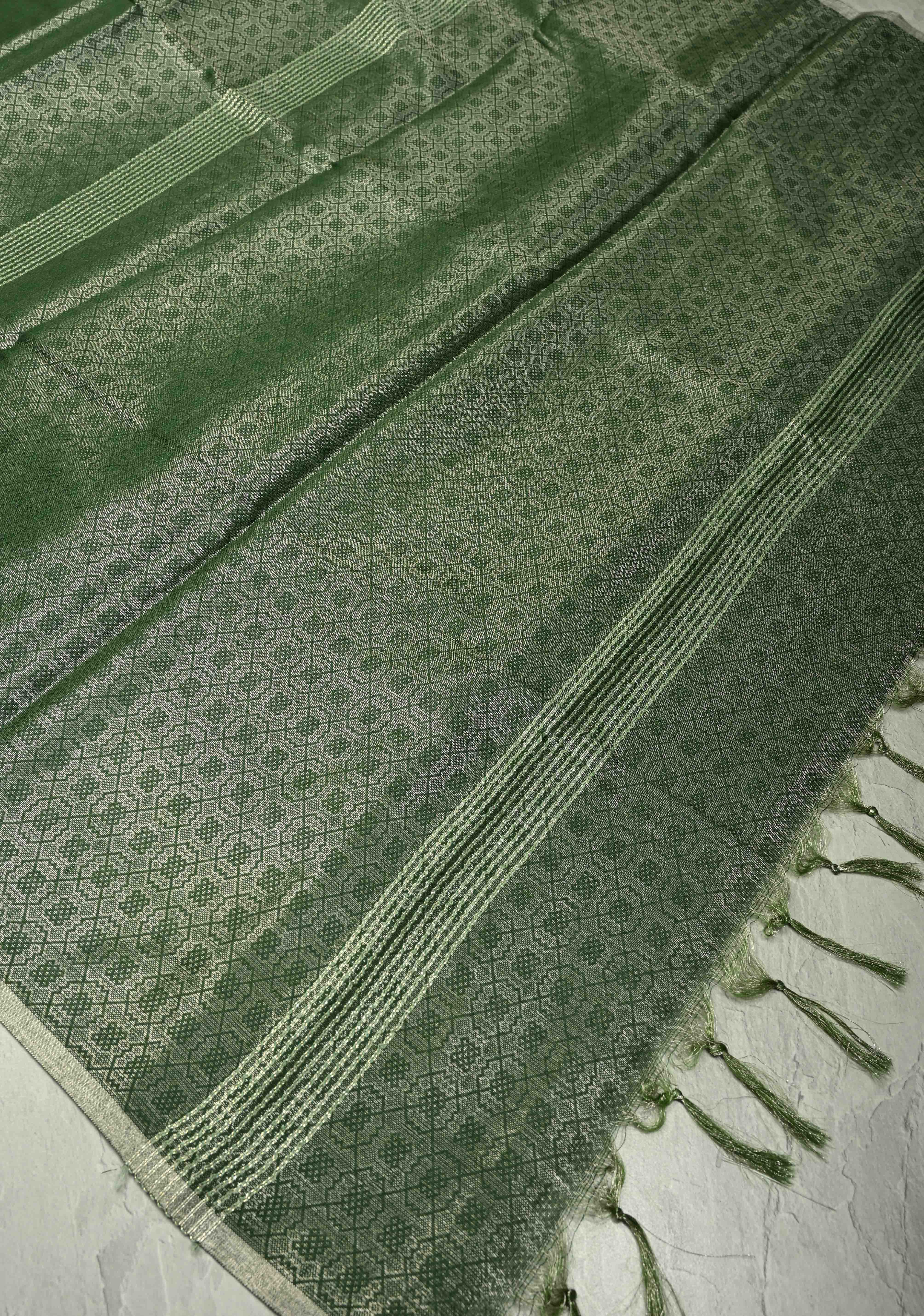 Deep Green Semi Tussar Saree with Zari Brocade and Minimal Silver Zari Border | Shobitam