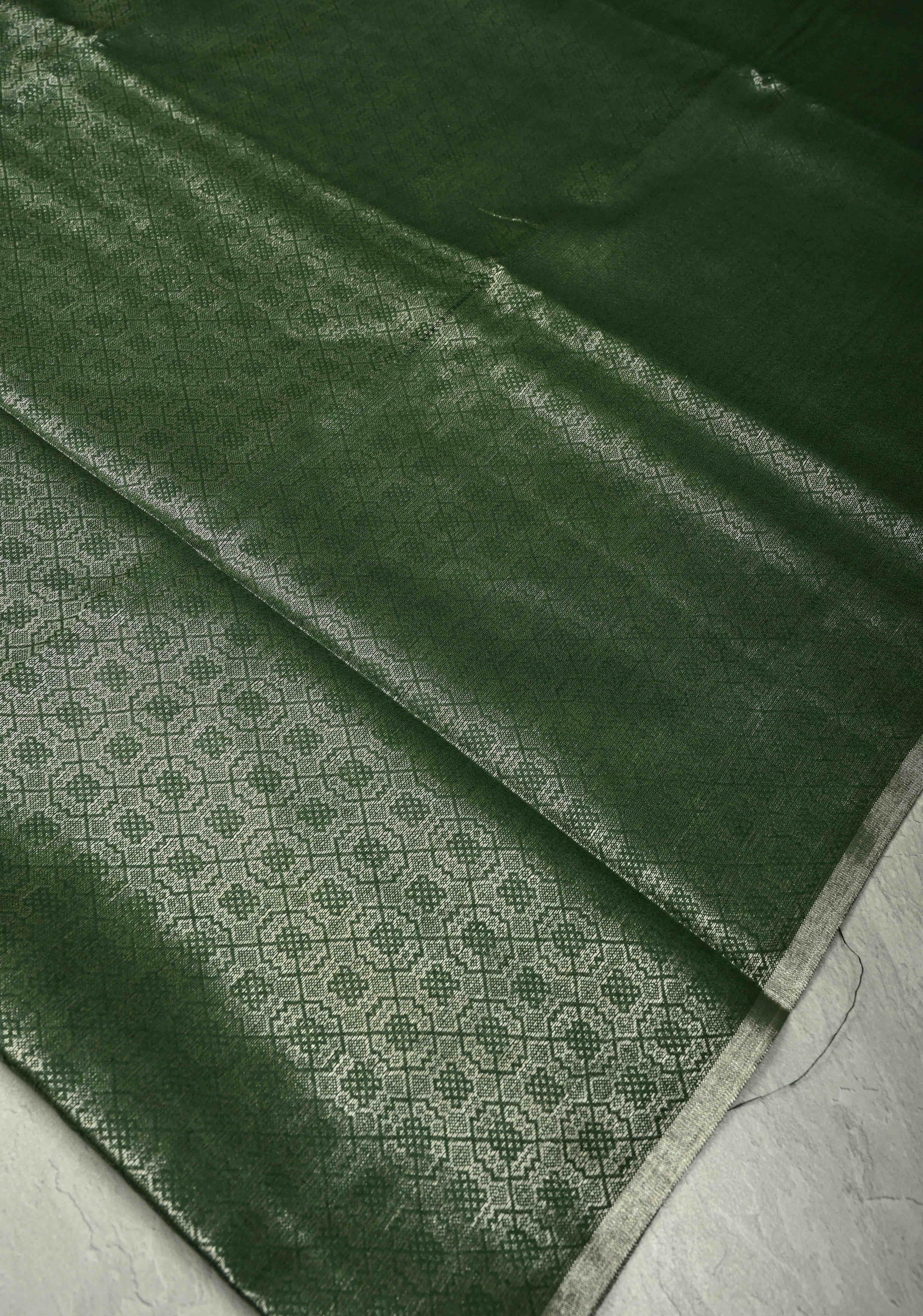 Deep Green Semi Tussar Saree with Zari Brocade and Minimal Silver Zari Border | Shobitam
