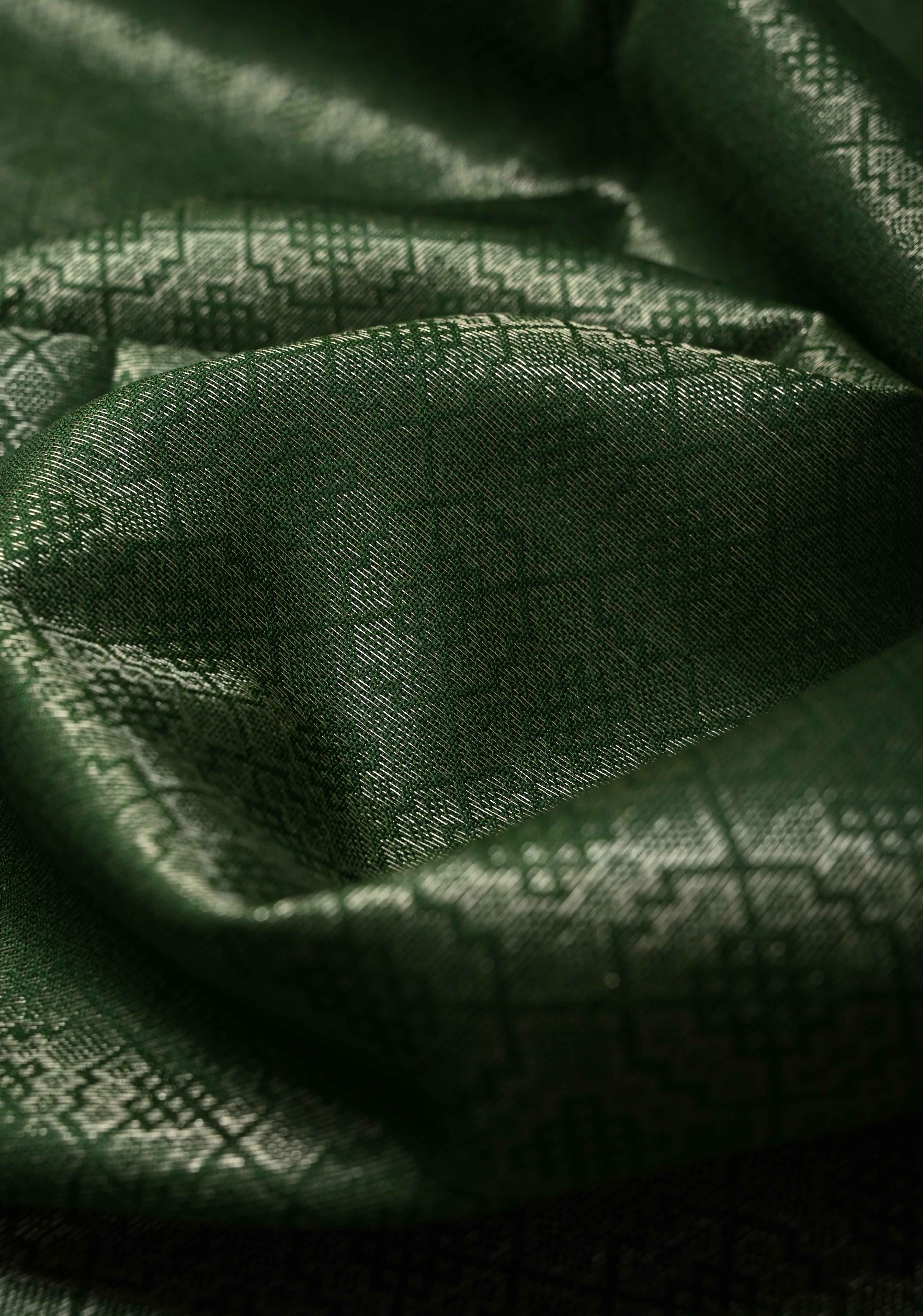 Deep Green Semi Tussar Saree with Zari Brocade and Minimal Silver Zari Border | Shobitam