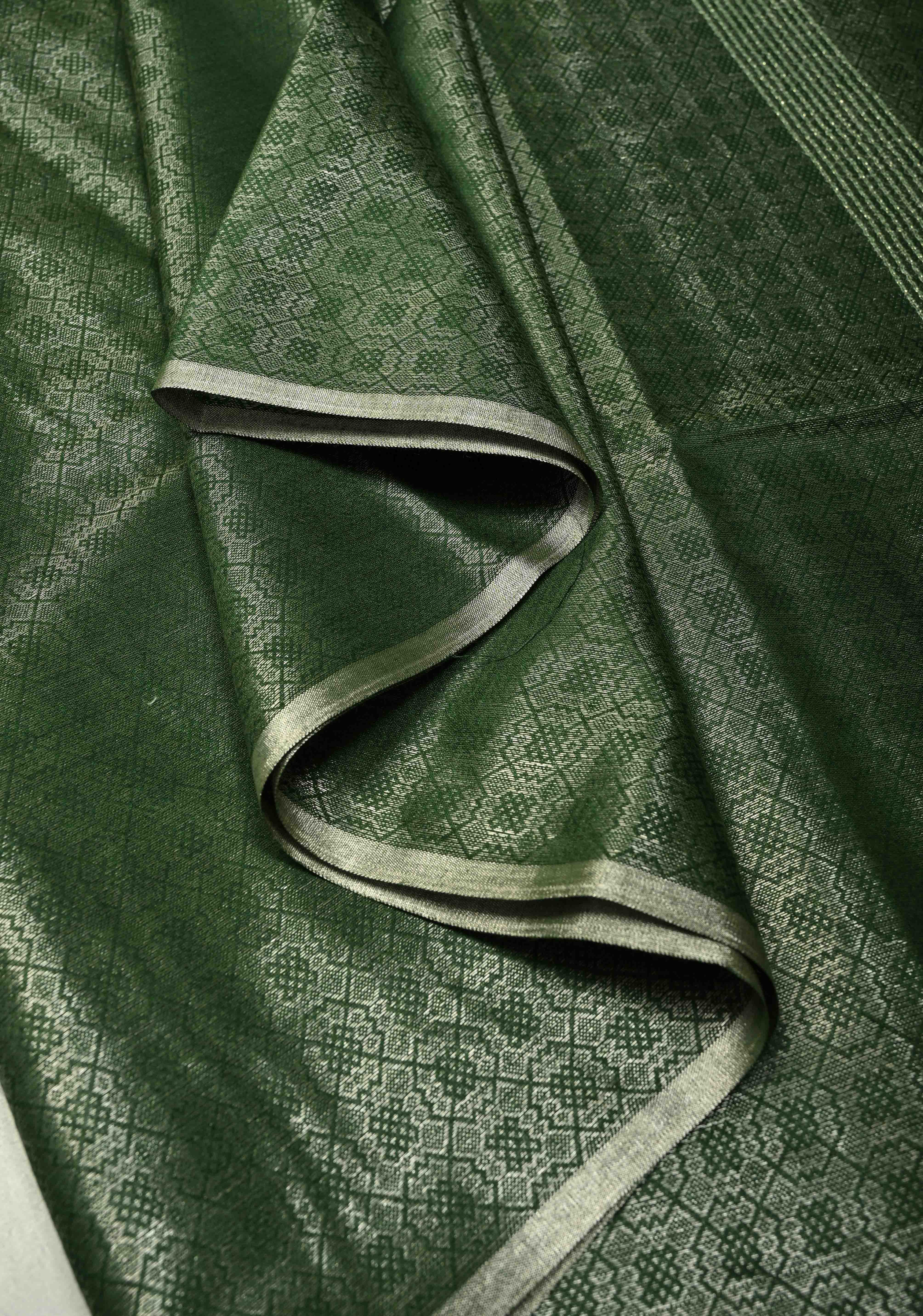 Deep Green Semi Tussar Saree with Zari Brocade and Minimal Silver Zari Border | Shobitam