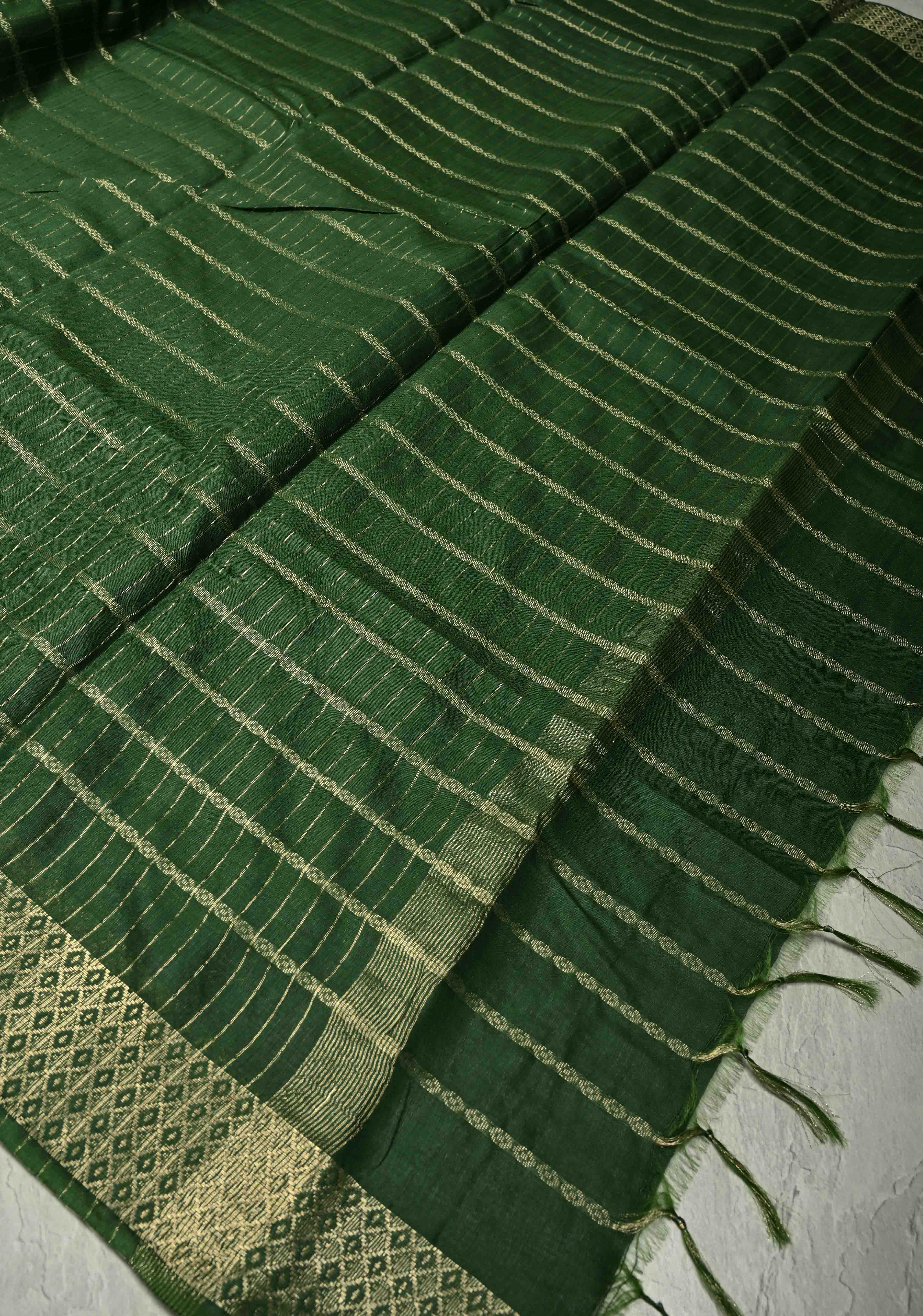 Hunter Green Semi Tussar Saree with Zari Stripes and Zari Border | Shobitam