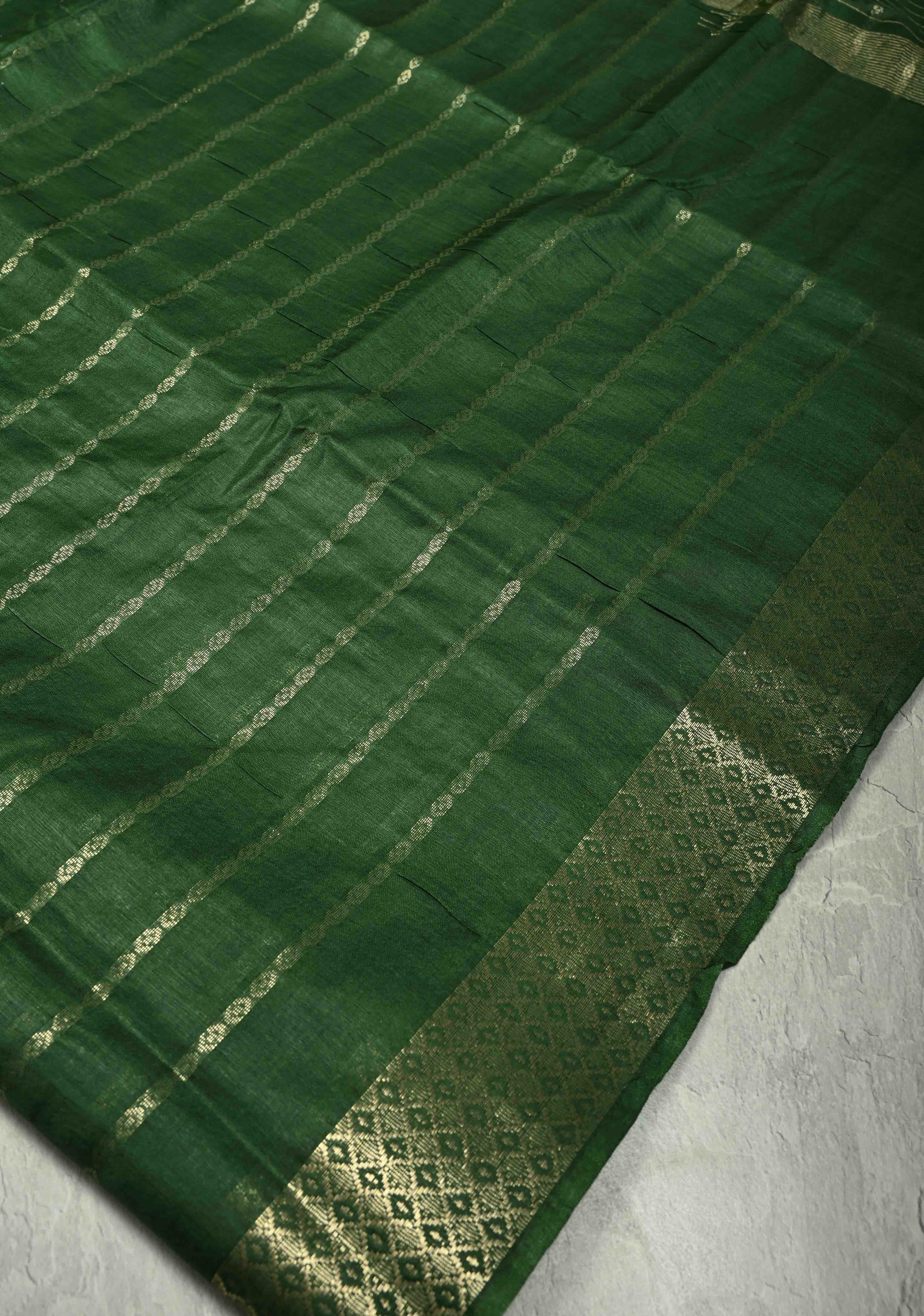 Hunter Green Semi Tussar Saree with Zari Stripes and Zari Border | Shobitam