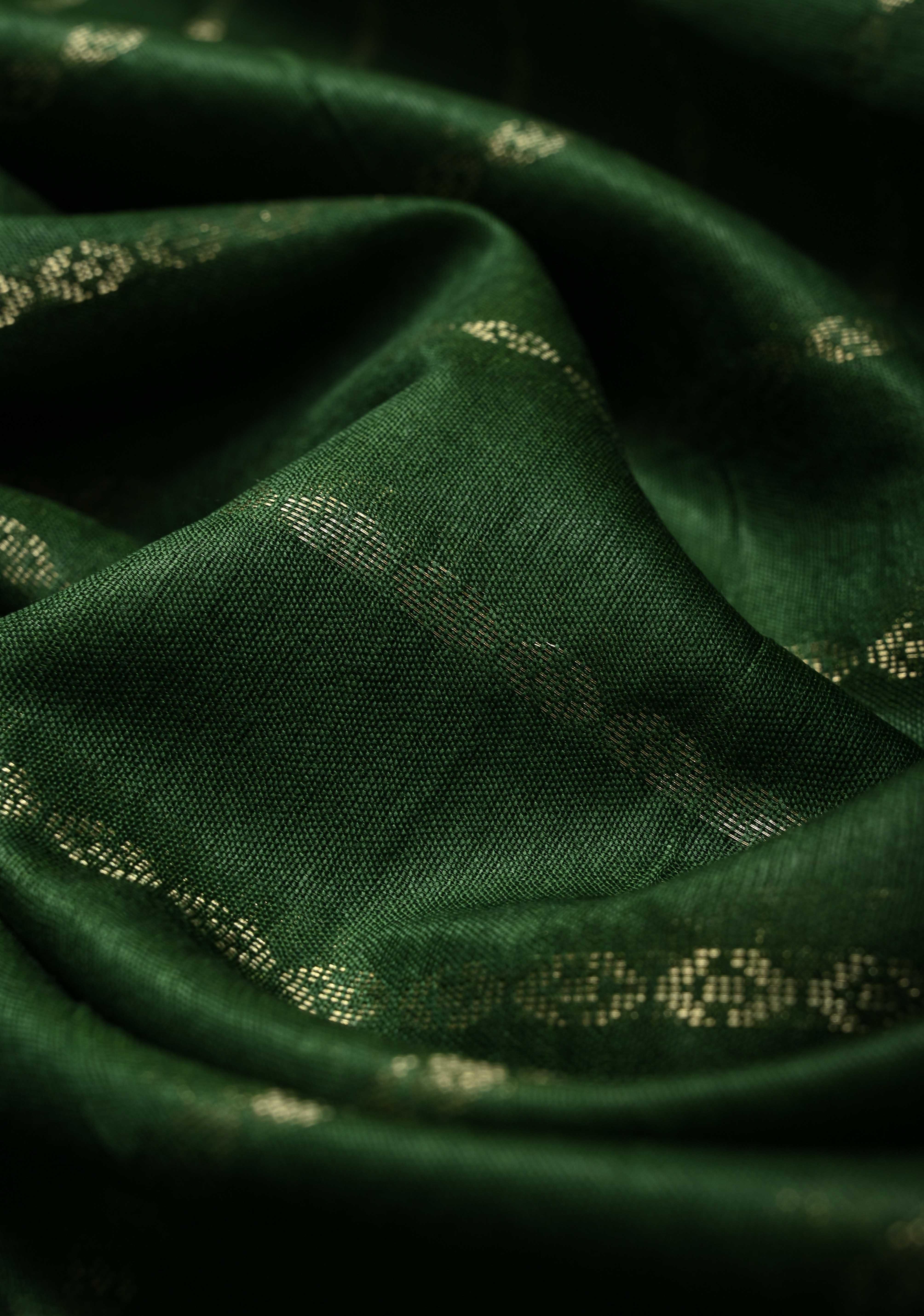 Hunter Green Semi Tussar Saree with Zari Stripes and Zari Border | Shobitam