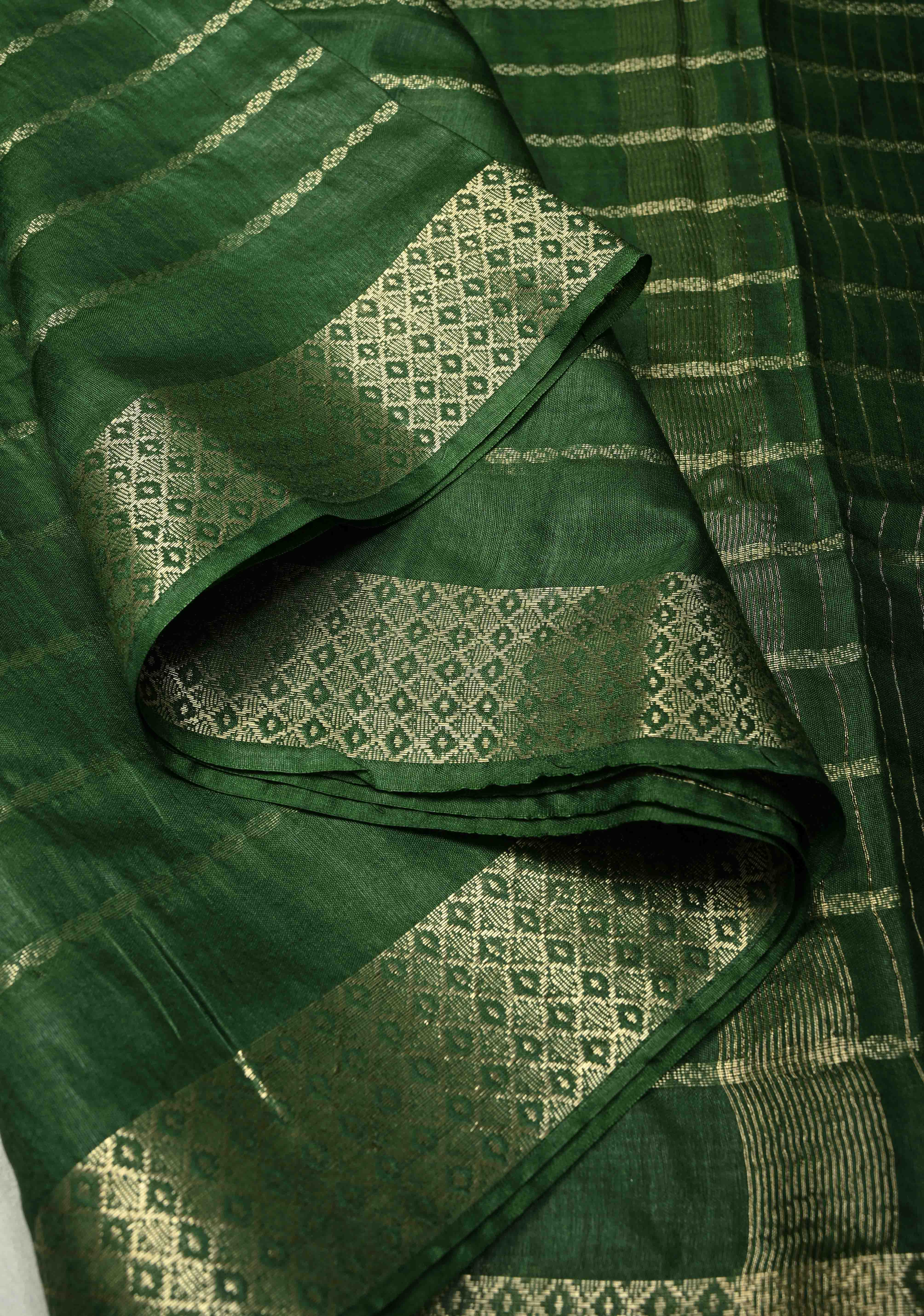 Hunter Green Semi Tussar Saree with Zari Stripes and Zari Border | Shobitam