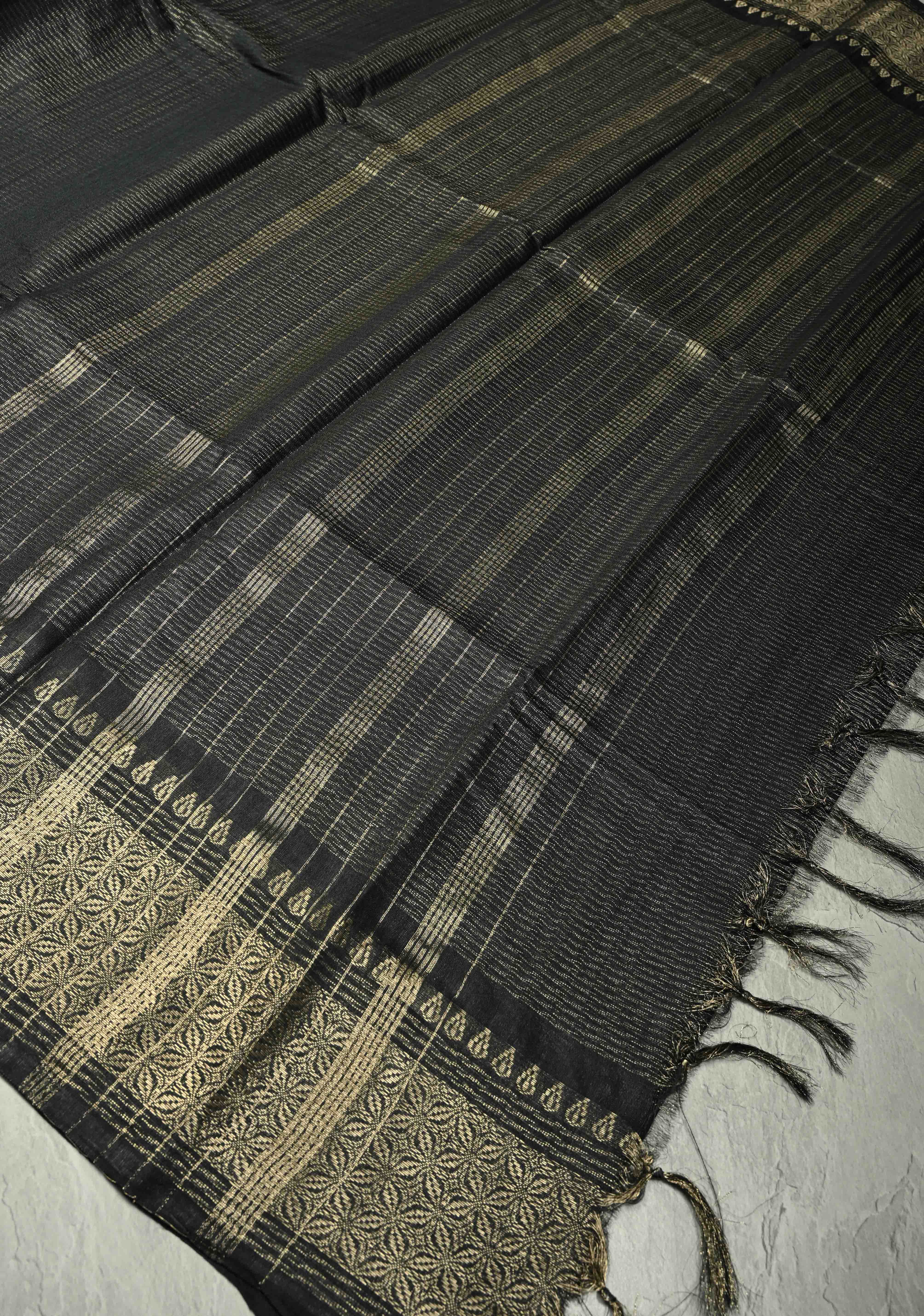 Shadow Black Semi Tussar Saree with Zari Border | Shobitam
