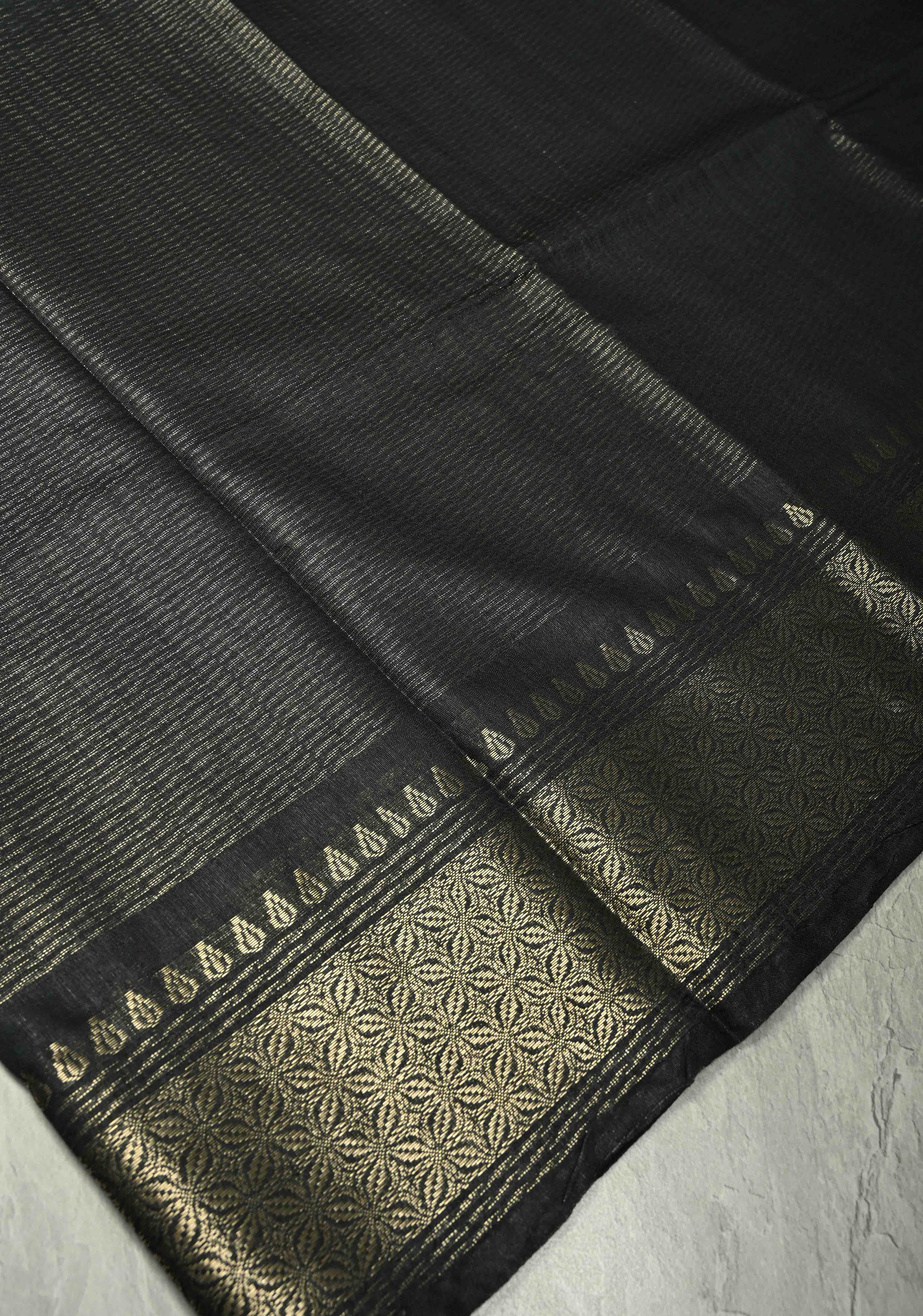 Shadow Black Semi Tussar Saree with Zari Border | Shobitam
