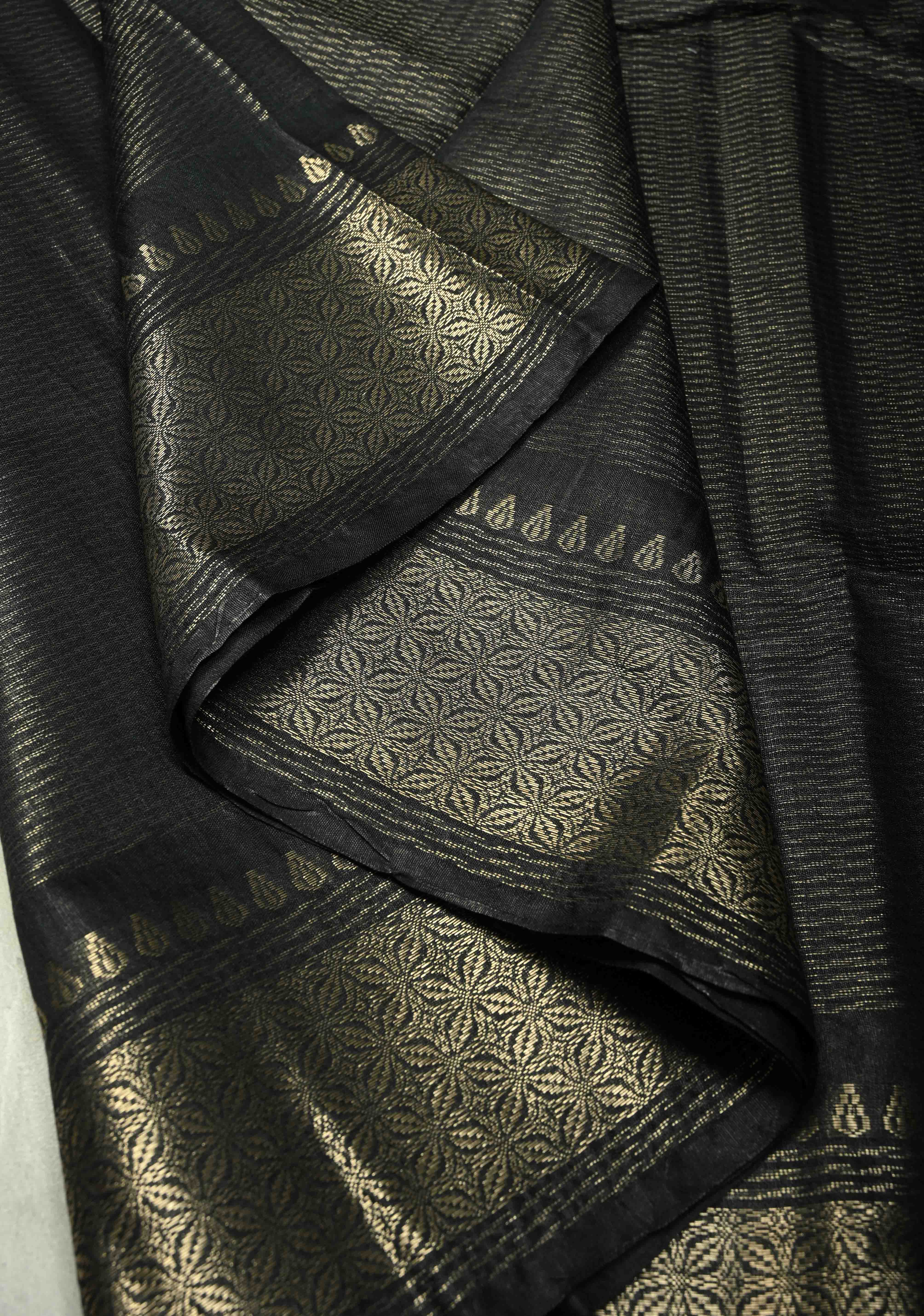 Shadow Black Semi Tussar Saree with Zari Border | Shobitam
