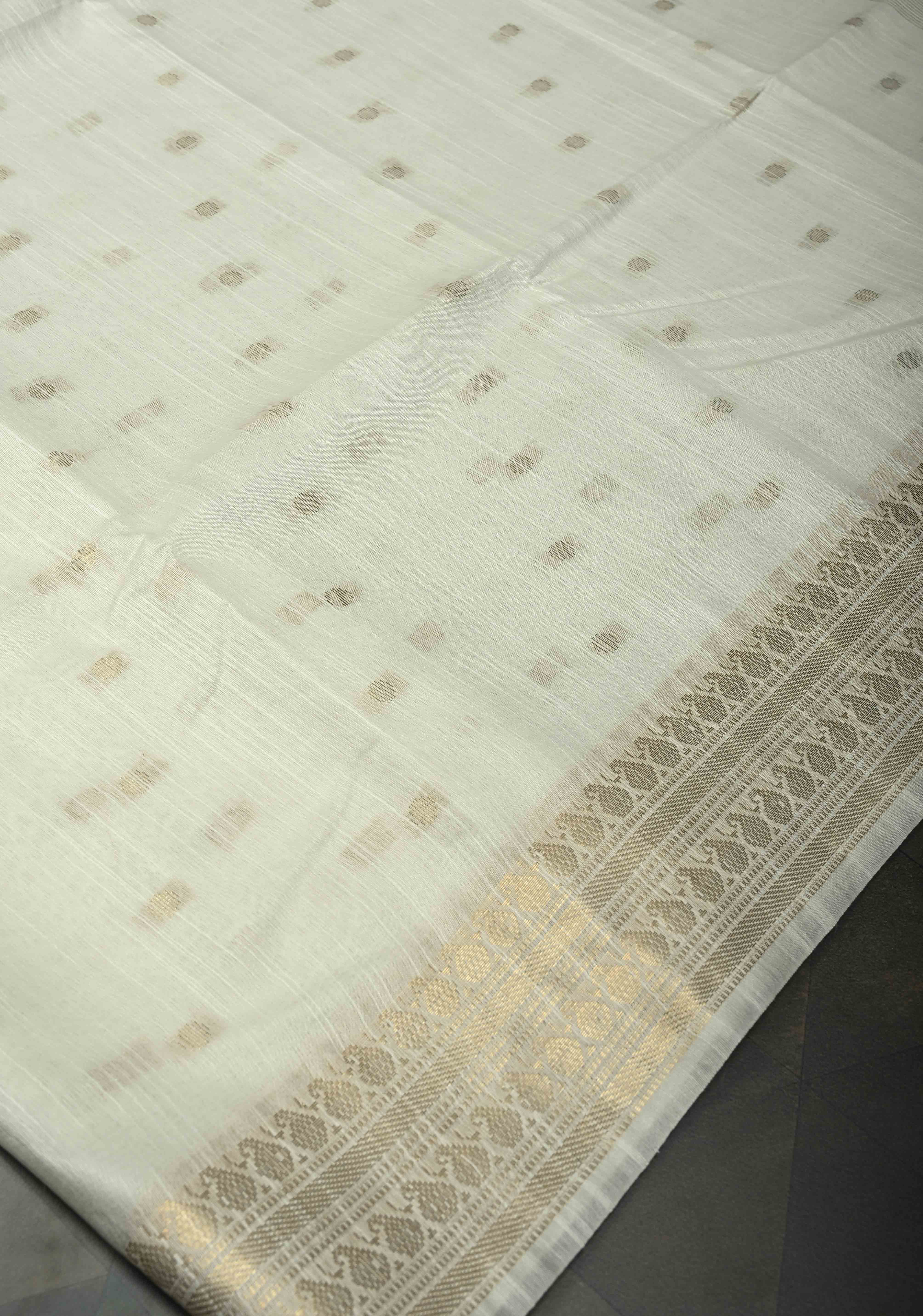 Snow White Semi Tussar Saree with Zari Buttas and Zari Border | Shobitam