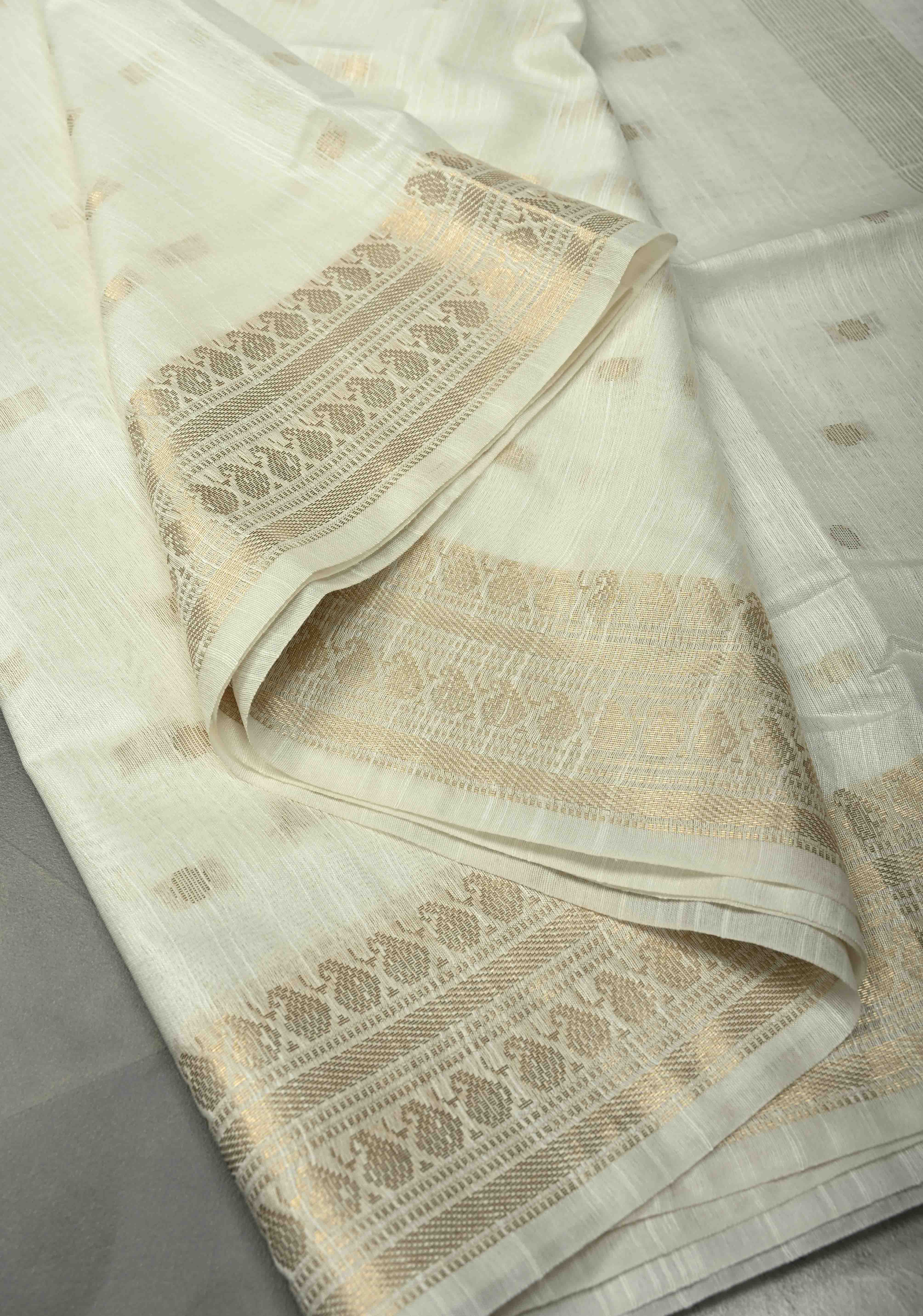 Snow White Semi Tussar Saree with Zari Buttas and Zari Border | Shobitam