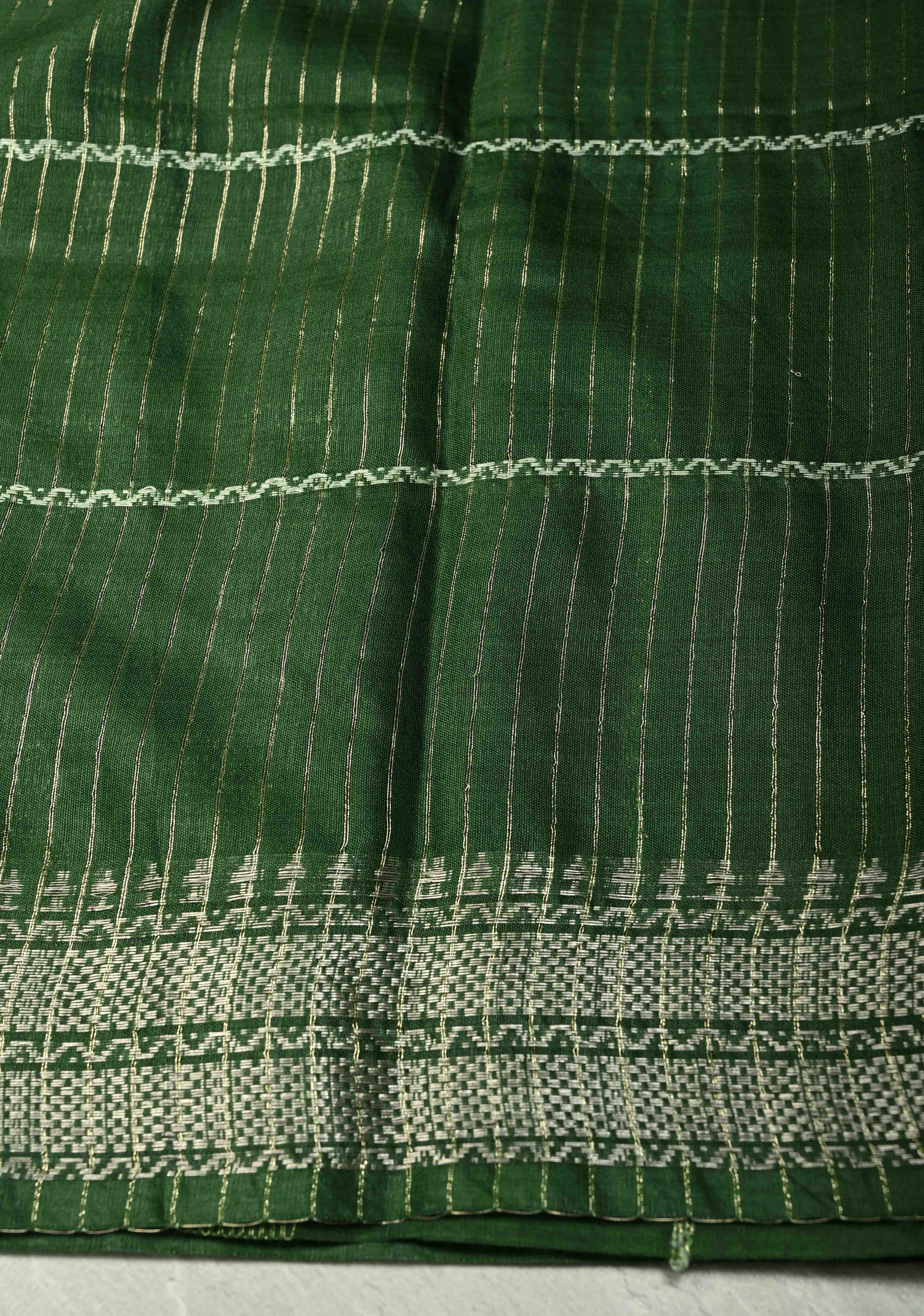 Deep Forest Green Semi Tussar Saree with Thread Stripes and Tepmle Zari Border | Shobitam