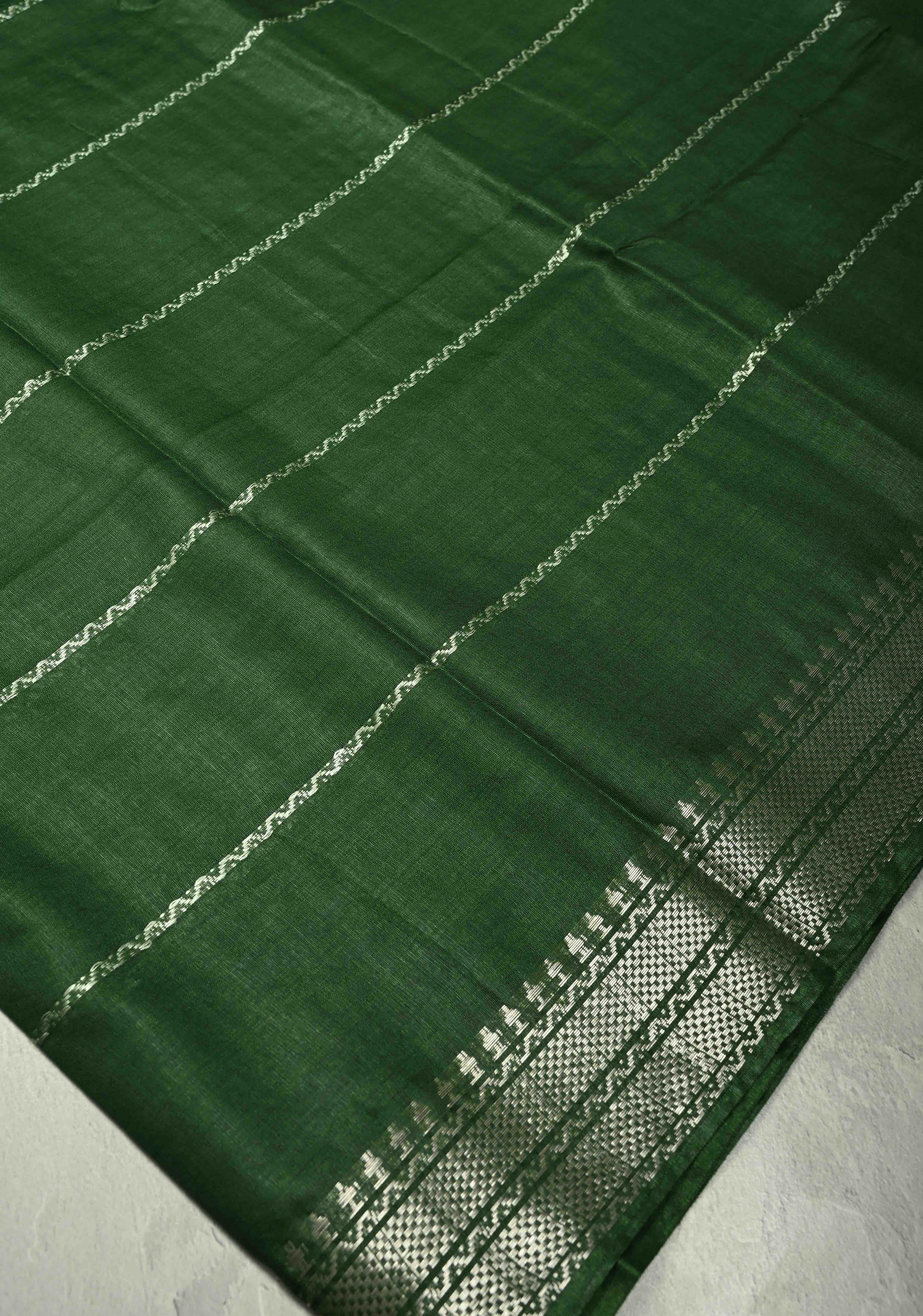 Deep Forest Green Semi Tussar Saree with Thread Stripes and Tepmle Zari Border | Shobitam