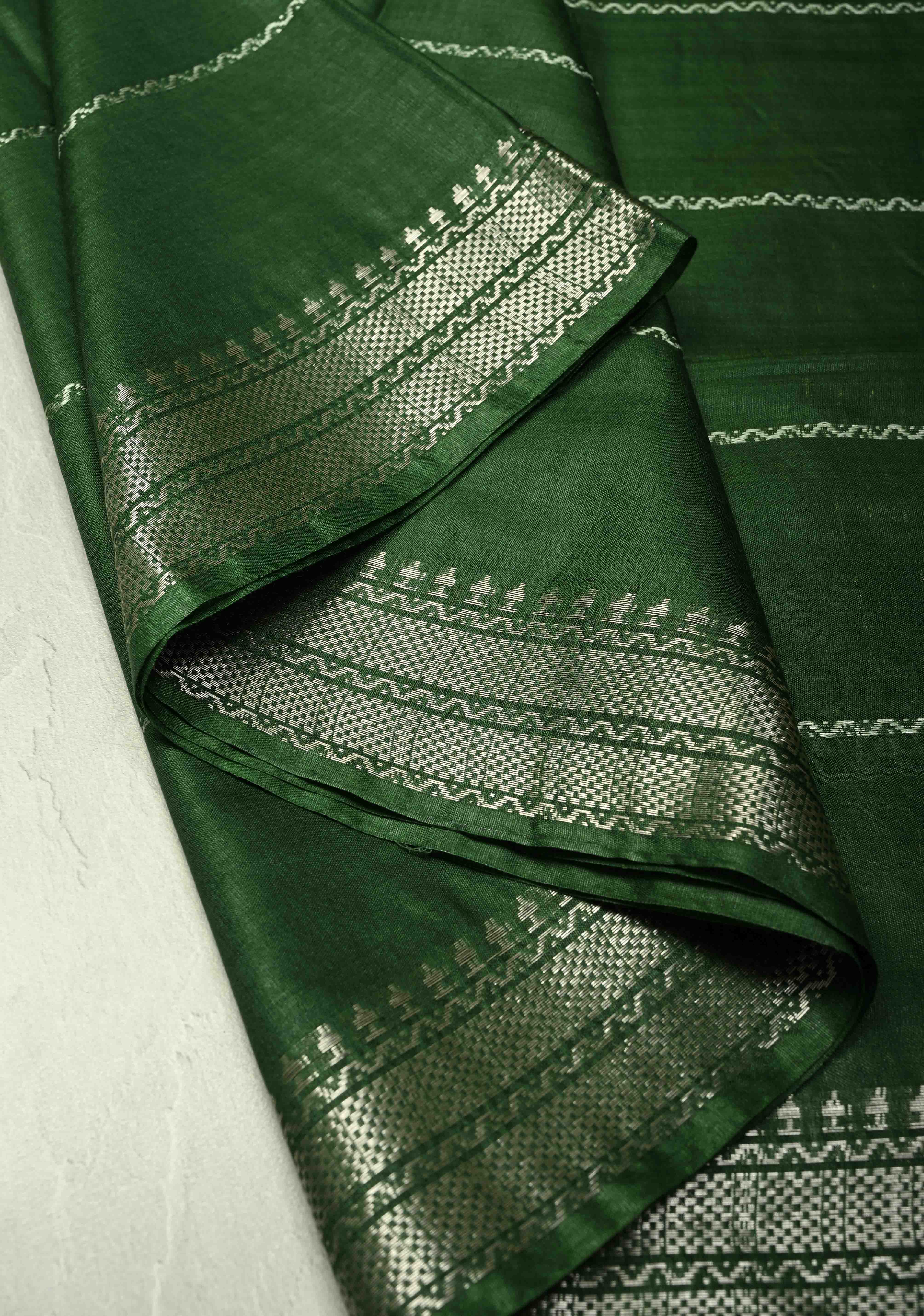Deep Forest Green Semi Tussar Saree with Thread Stripes and Tepmle Zari Border | Shobitam