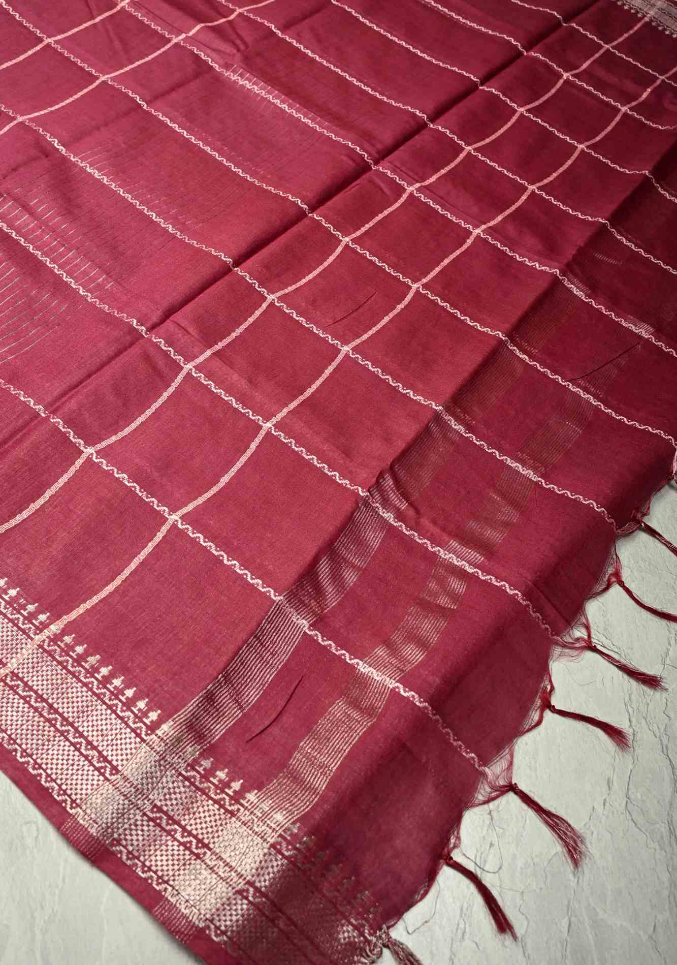 Berry Semi Tussar Saree with Veldhari Stripes and Zari Border Ready To Wear Saree
