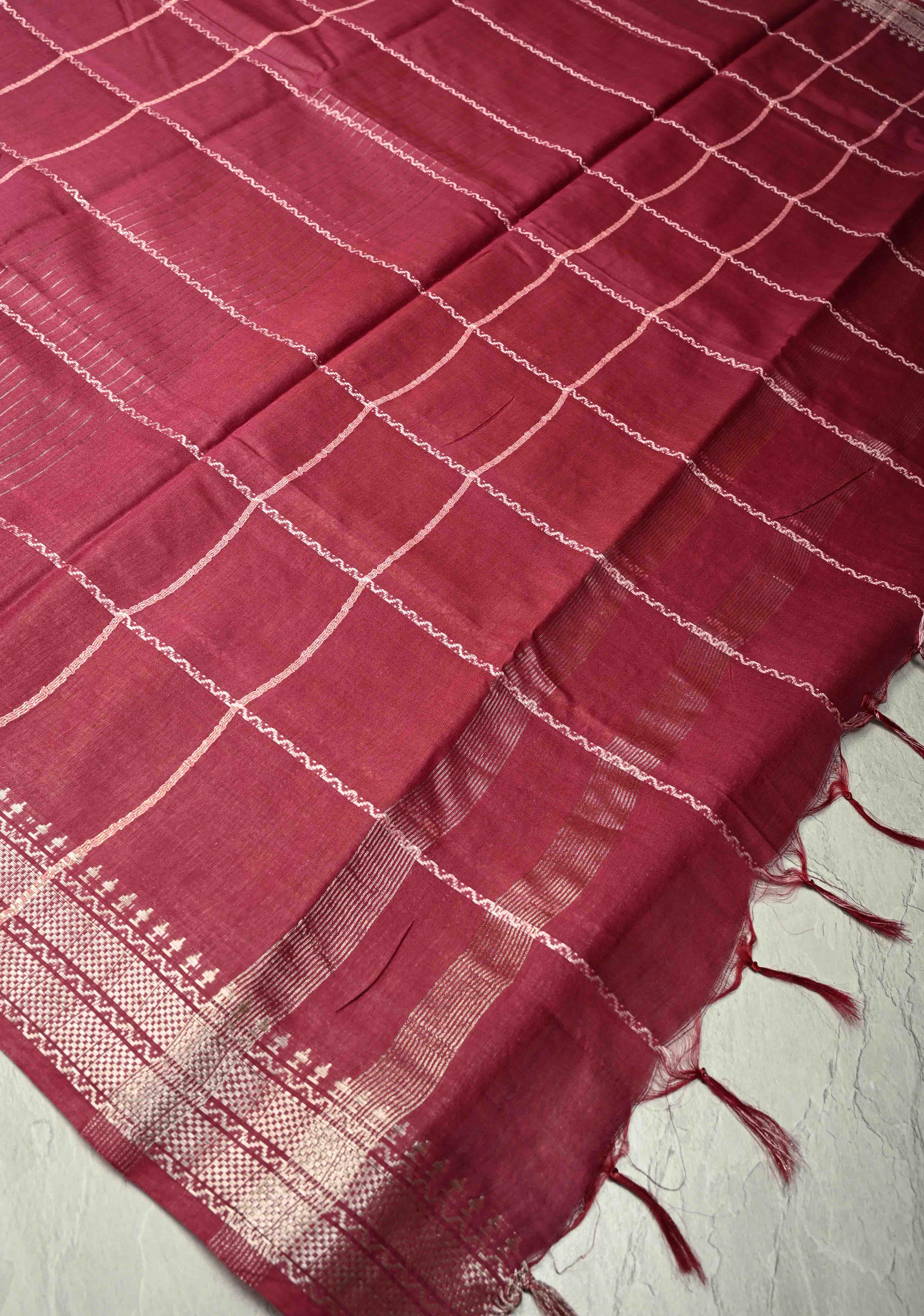Berry Semi Tussar Saree with Veldhari Stripes and Zari Border | Shobitam