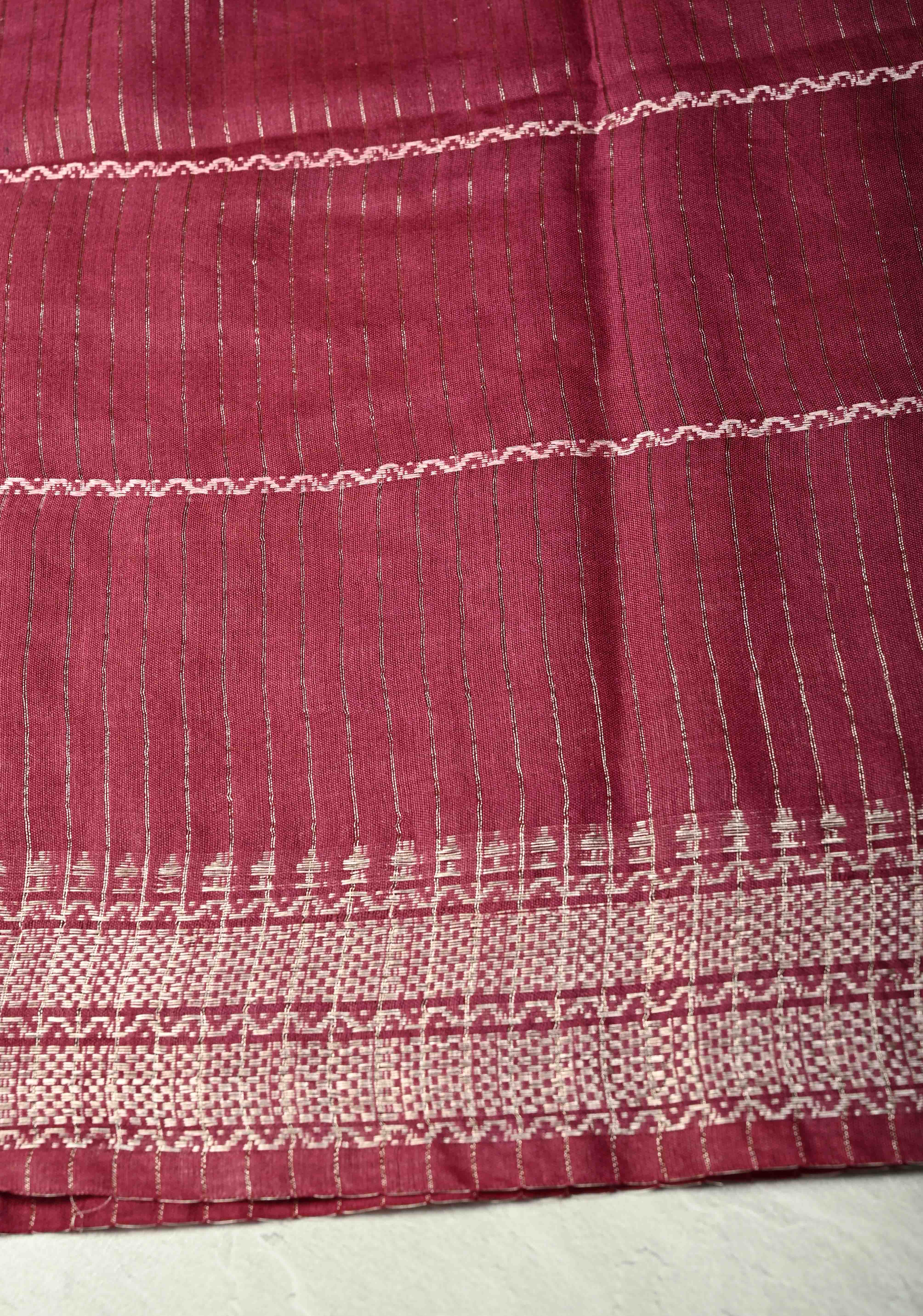 Berry Semi Tussar Saree with Veldhari Stripes and Zari Border | Shobitam