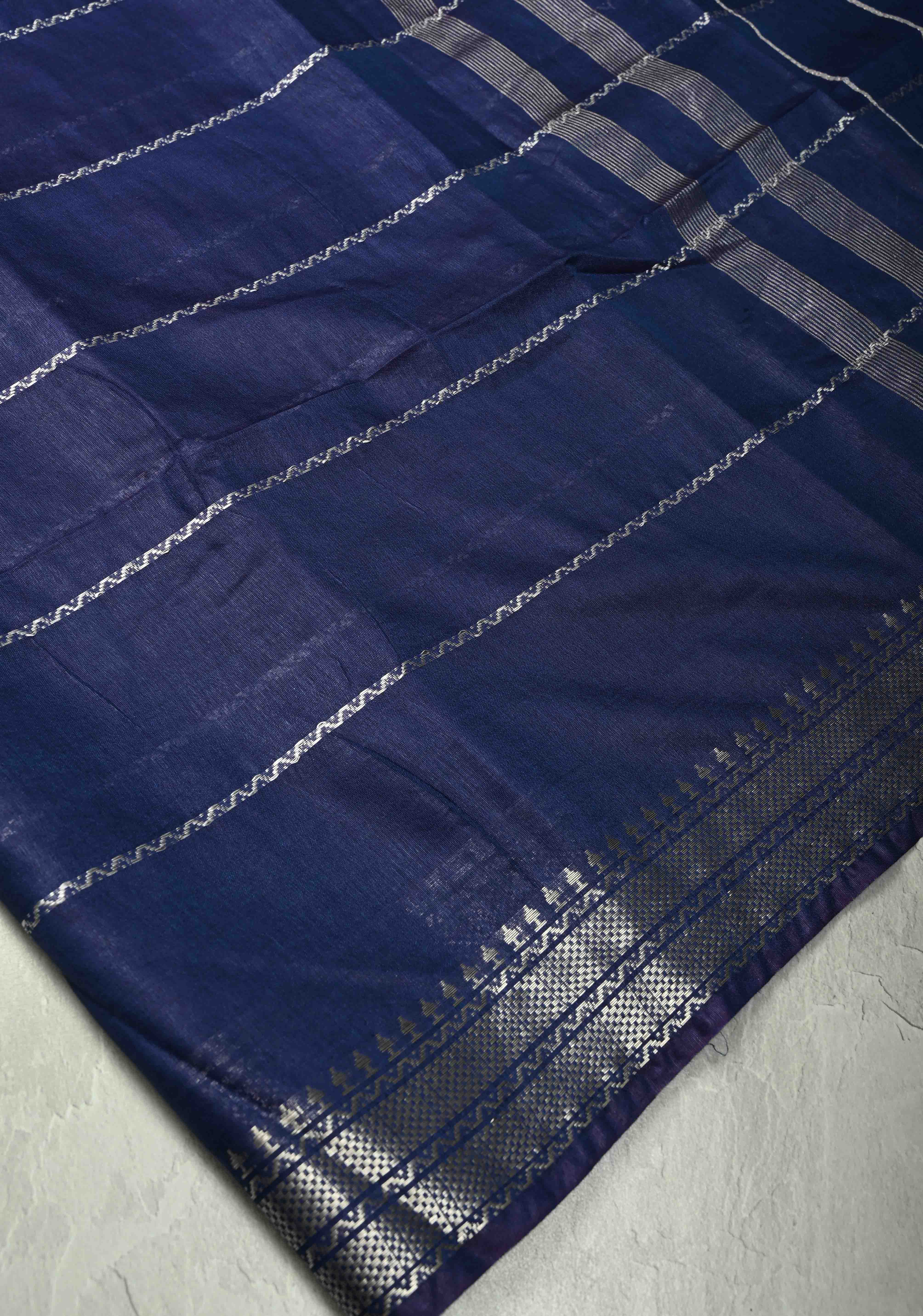 Royal Blue Semi Tussar Saree with Veldhari Stripes and Zari Border | Shobitam