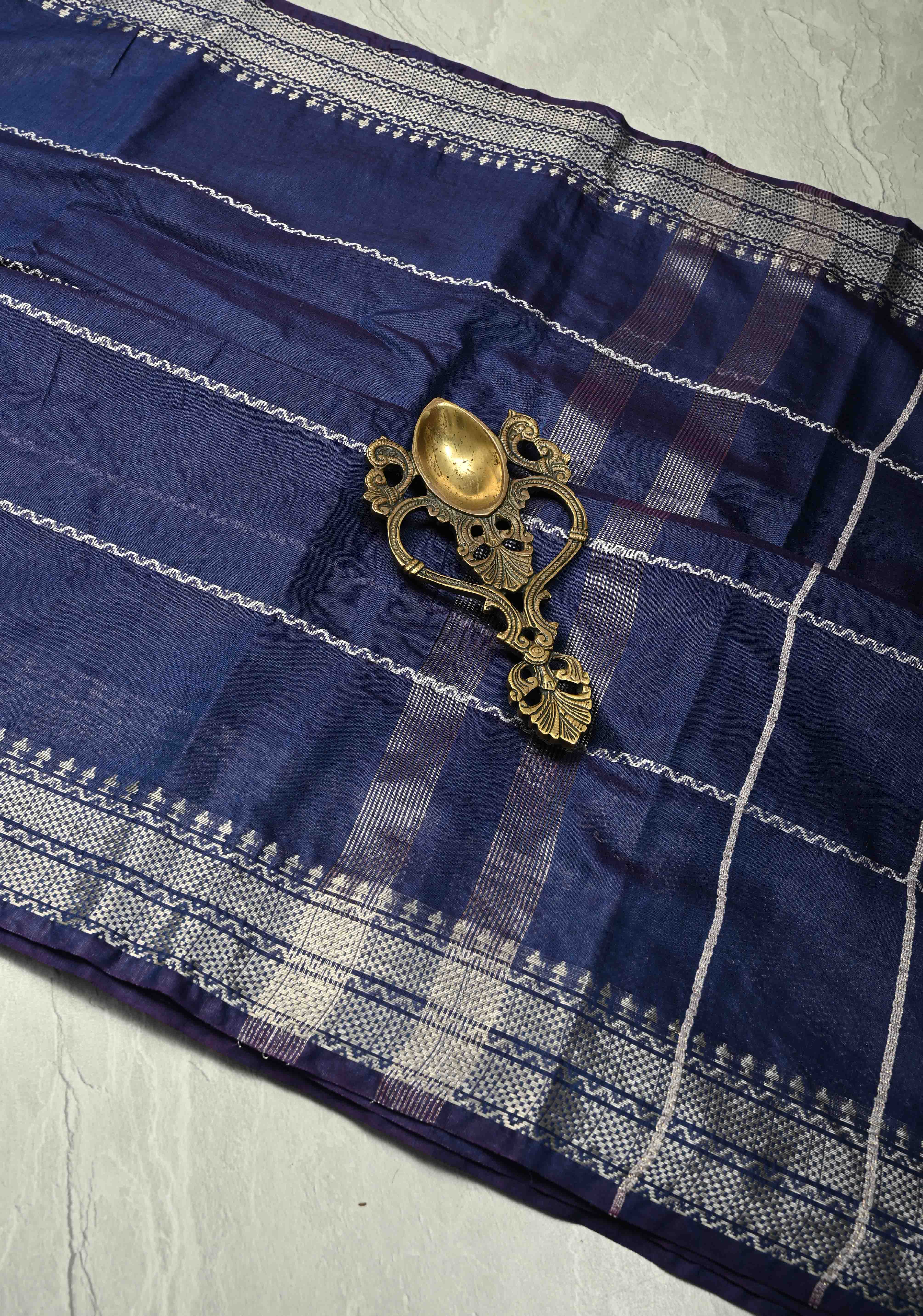 Royal Blue Semi Tussar Saree with Veldhari Stripes and Zari Border | Shobitam