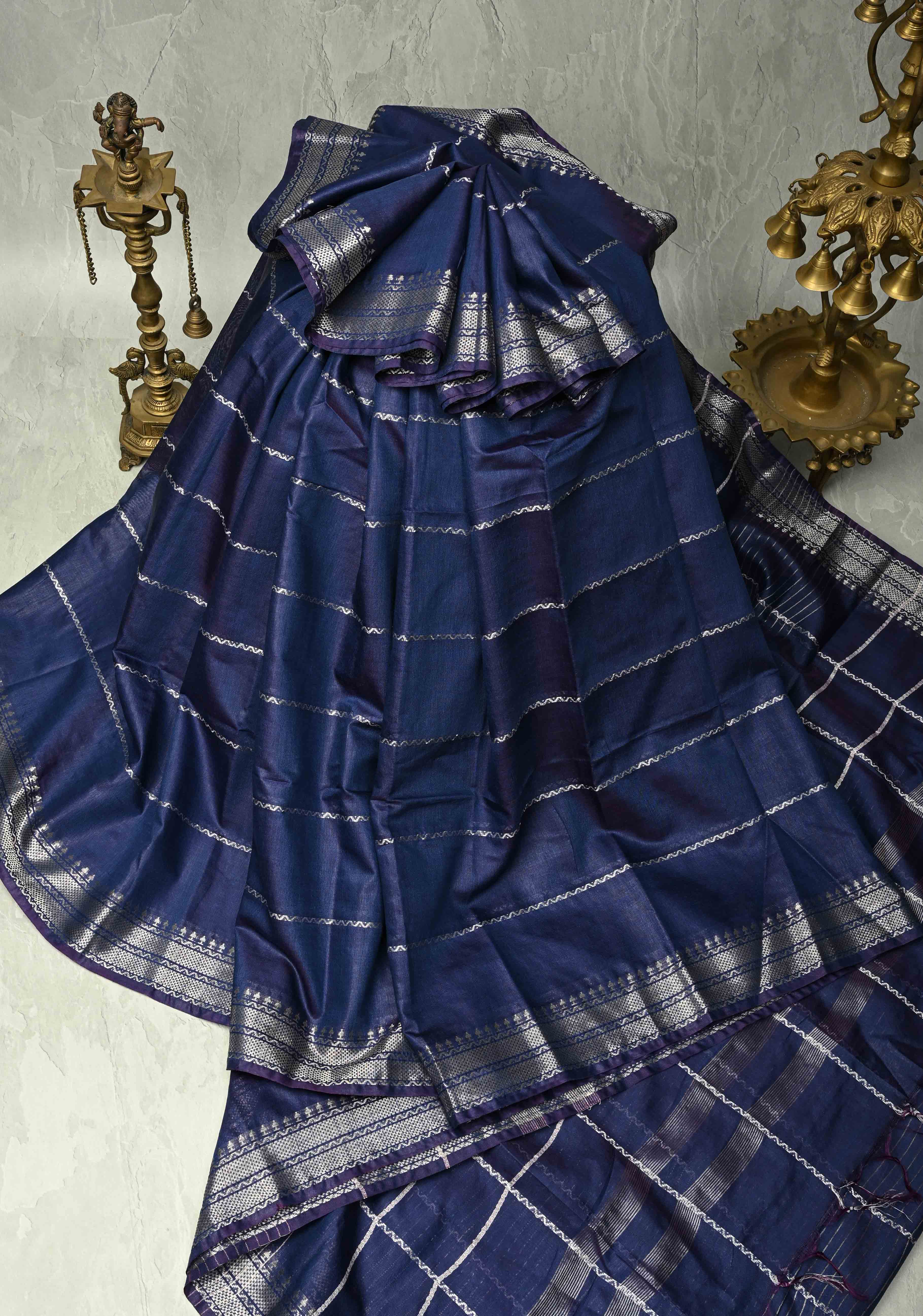 Royal Blue Semi Tussar Saree with Veldhari Stripes and Zari Border | Shobitam