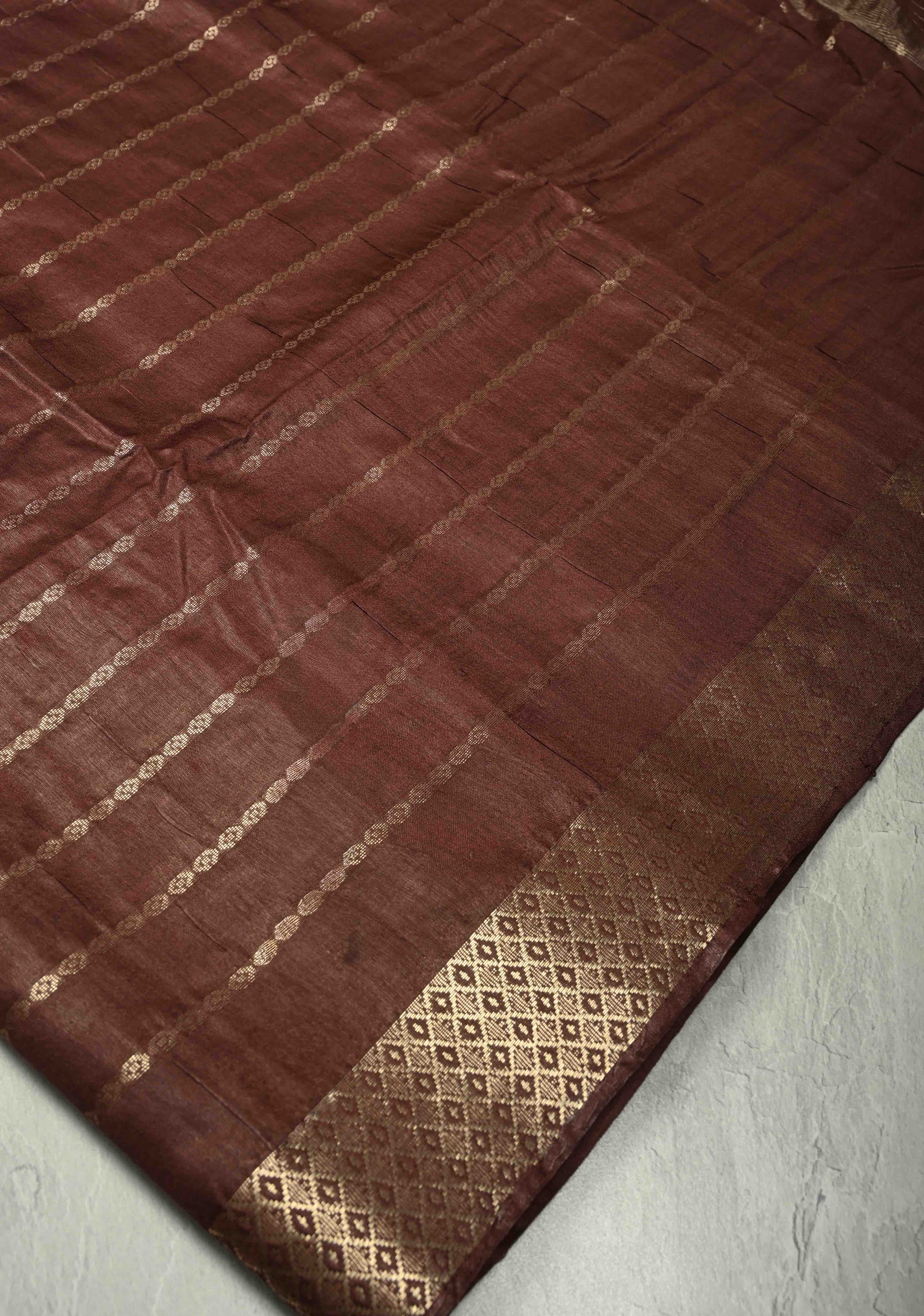 Coffee Brown Semi Tussar Saree with Zari Stripes and Zari Border | Shobitam