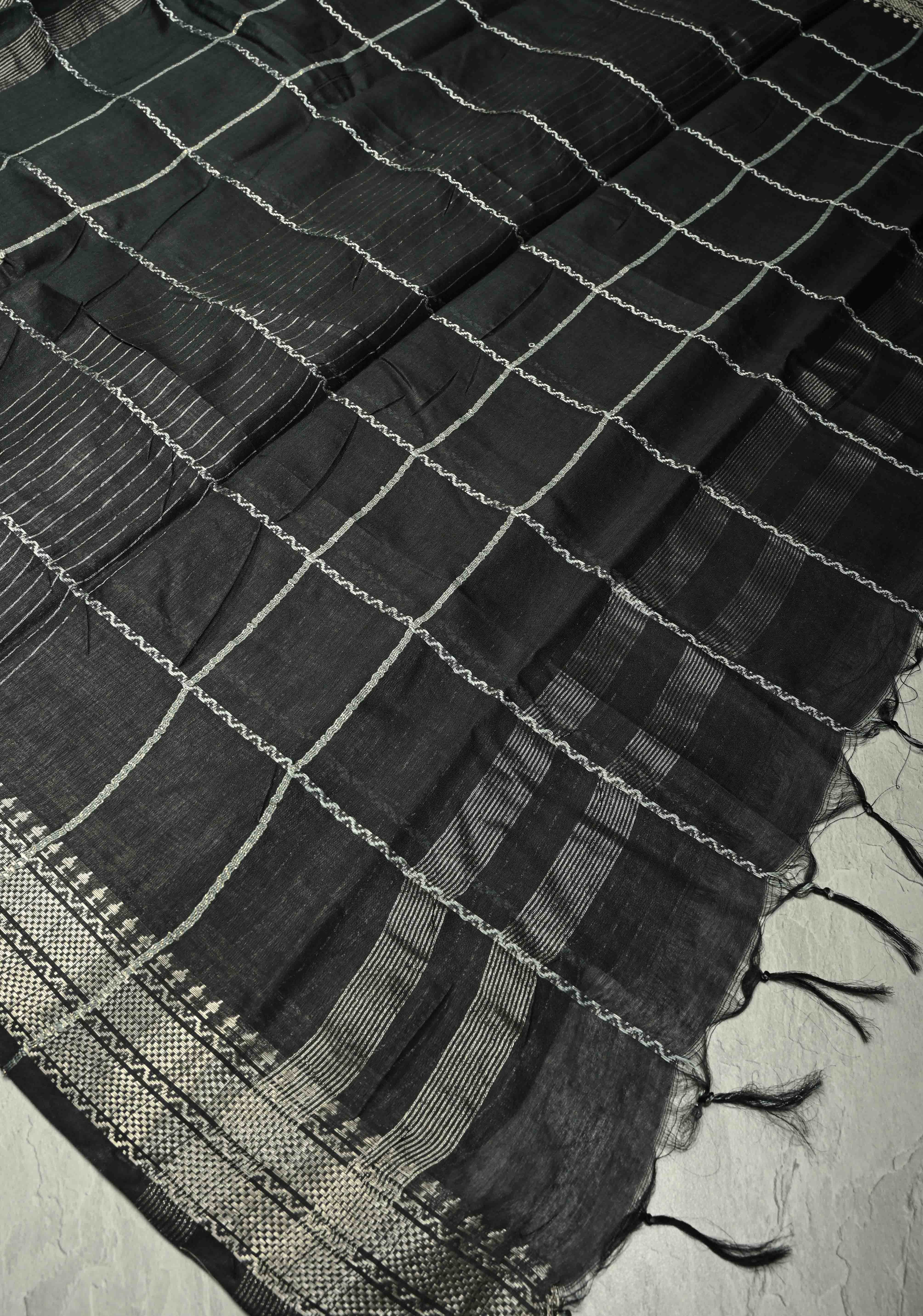 Black Semi Tussar Saree with Veldhari Stripes and Zari Border | Shobitam
