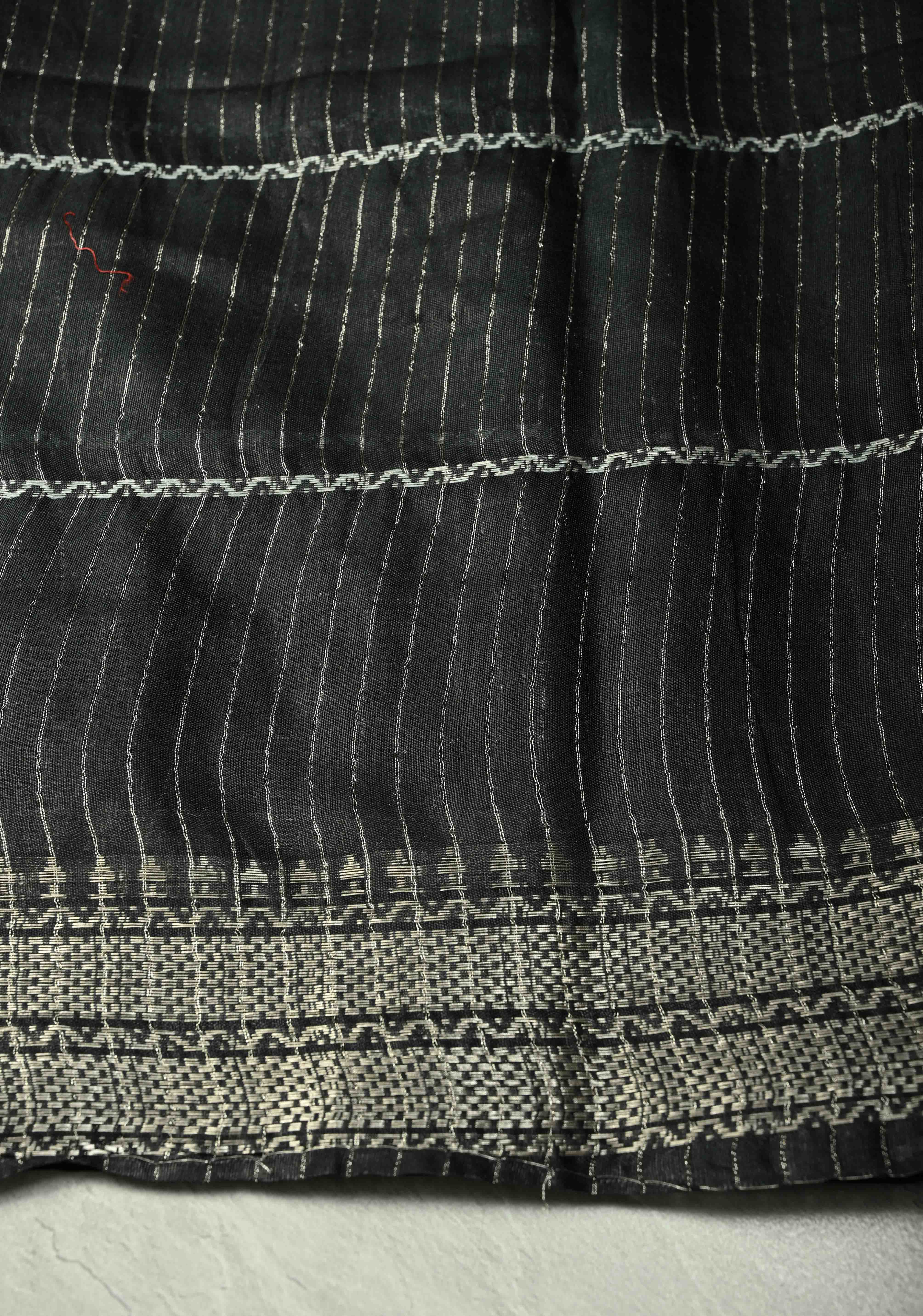Black Semi Tussar Saree with Veldhari Stripes and Zari Border | Shobitam