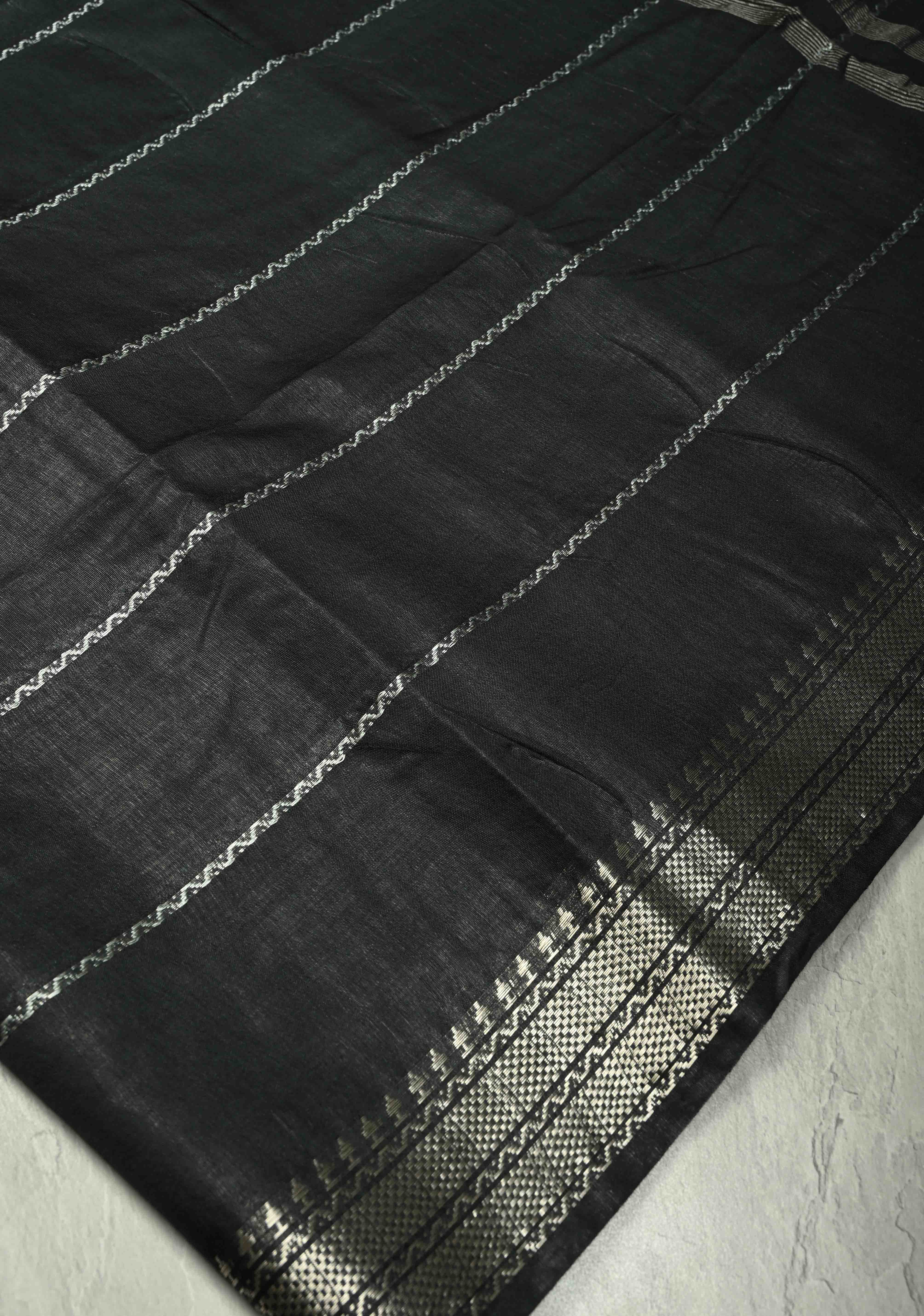 Black Semi Tussar Saree with Veldhari Stripes and Zari Border | Shobitam