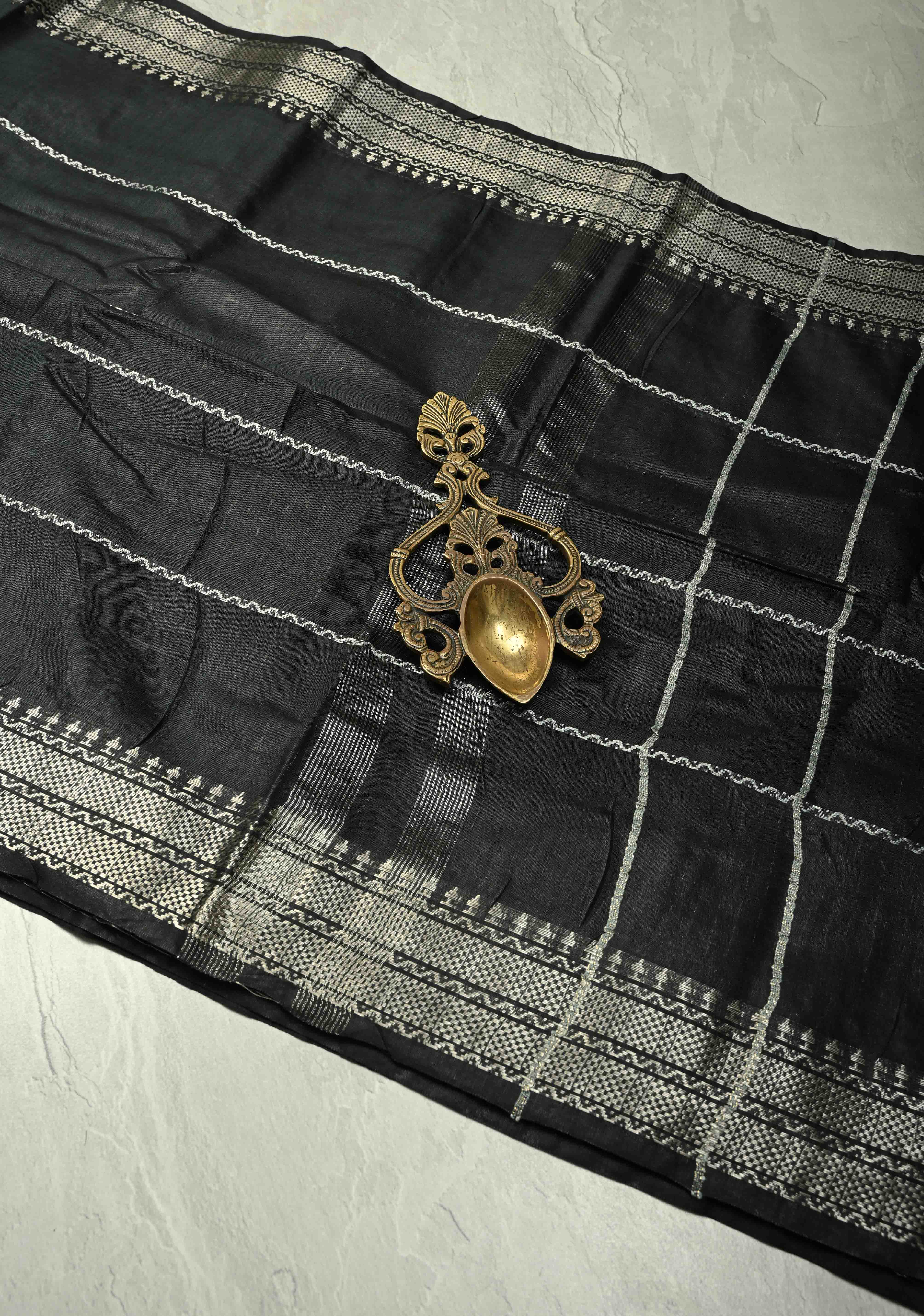 Black Semi Tussar Saree with Veldhari Stripes and Zari Border | Shobitam